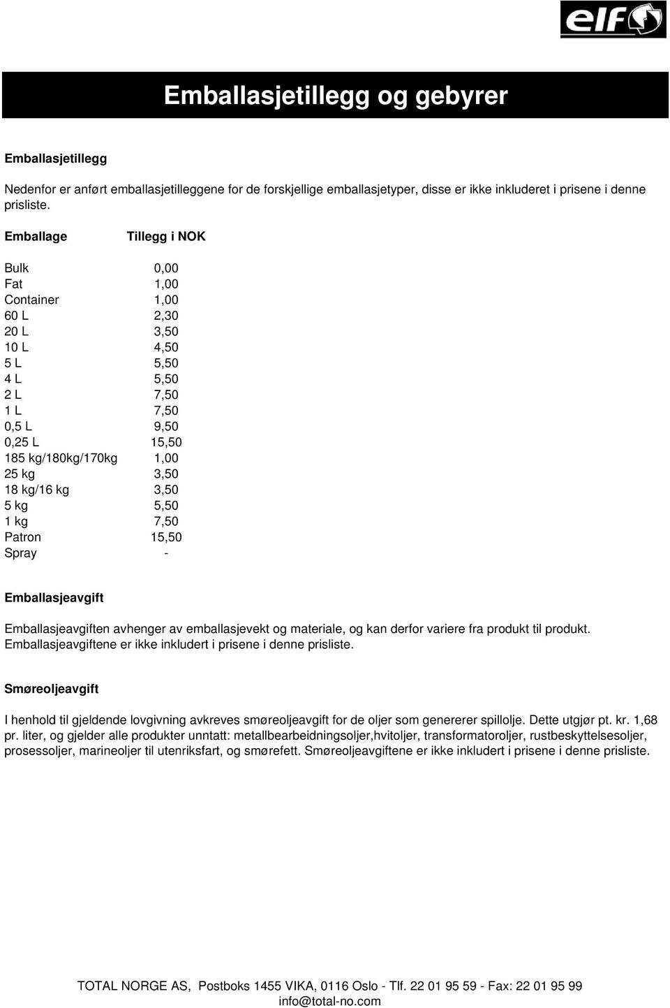 Emballage Tillegg i NOK Bulk 0,00 Fat 1,00 Container 1,00 60 L 2,30 20 L 3,50 10 L 4,50 5 L 5,50 4 L 5,50 2 L 7,50 1 L 7,50 0,5 L 9,50 0,25 L 15,50 185 kg/180kg/170kg 1,00 25 kg 3,50 18 kg/16 kg 3,50