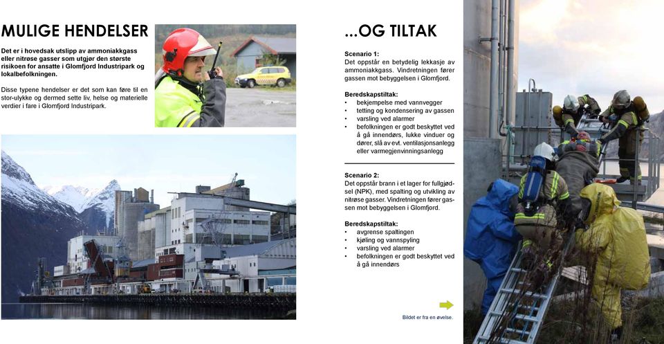 ...og tiltak Scenario 1: Det oppstår en betydelig lekkasje av ammoniakkgass. Vindretningen fører gassen mot bebyggelsen i Glomfjord.