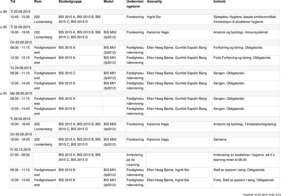 2015 07:30-08:00 08:30-11:15 Ferdighetssent BIS 2015 B 12:00-13:45 Ferdighetssent BIS 2015 B Forelesning Ingrid Sie Sykepleie, Hygiene, basale smitteverntiltak. Introduksjon til studiekrav hygiene.