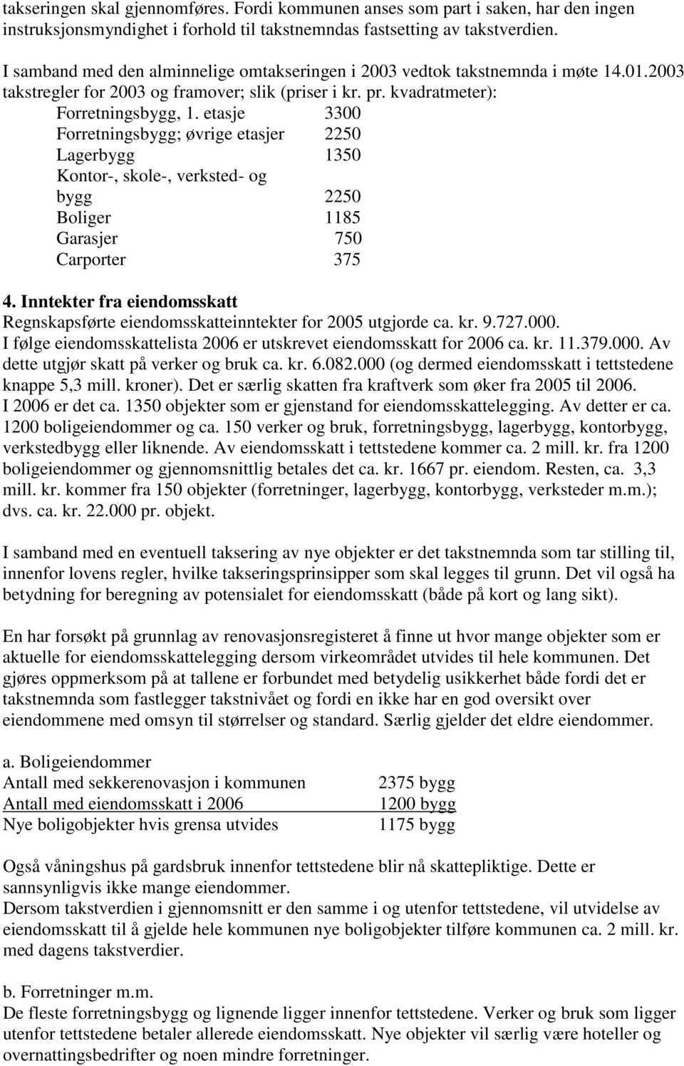 etasje 3300 Forretningsbygg; øvrige etasjer 2250 Lagerbygg 1350 Kontor-, skole-, verksted- og bygg 2250 Boliger 1185 Garasjer 750 Carporter 375 4.