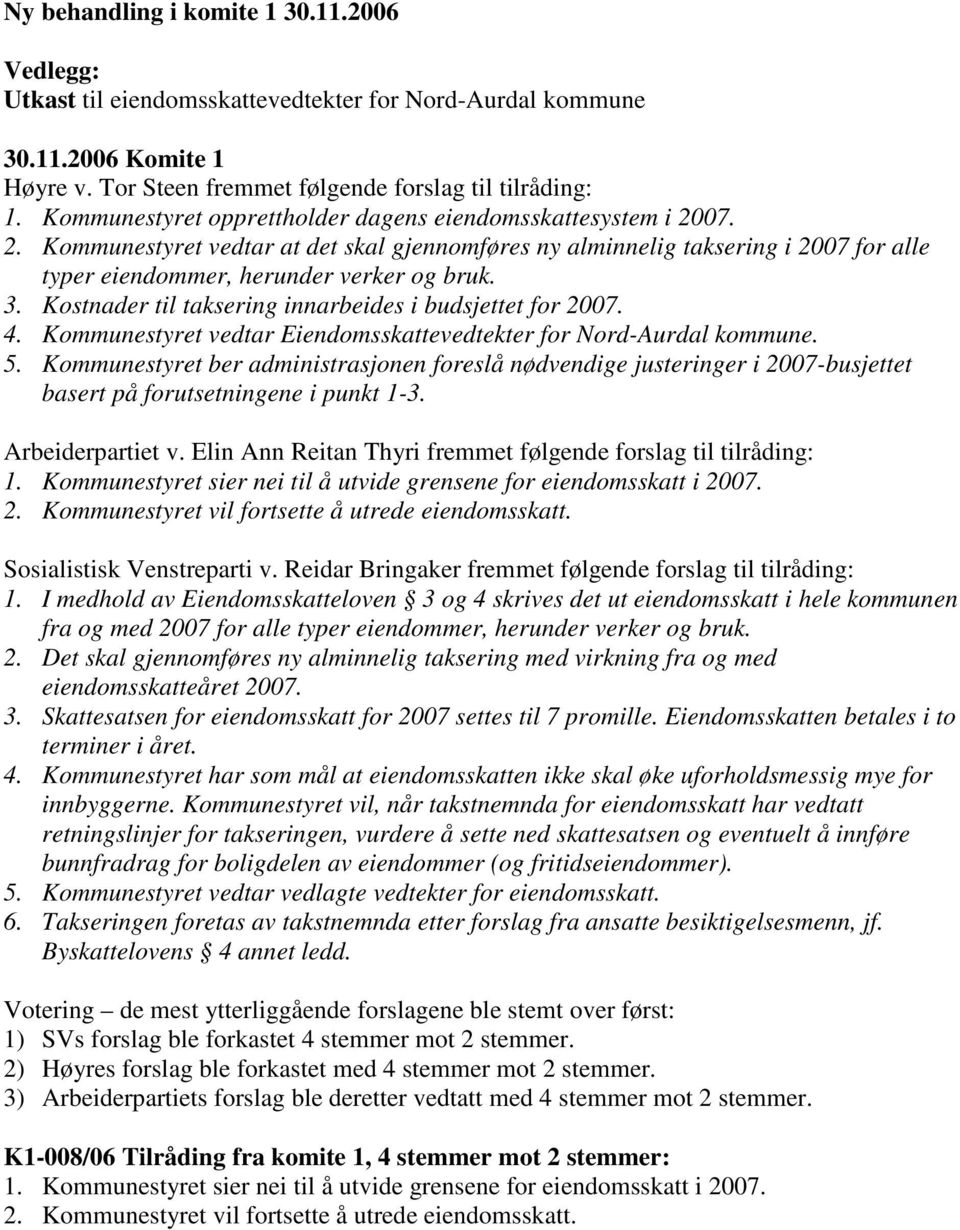 Kostnader til taksering innarbeides i budsjettet for 2007. 4. Kommunestyret vedtar Eiendomsskattevedtekter for Nord-Aurdal kommune. 5.