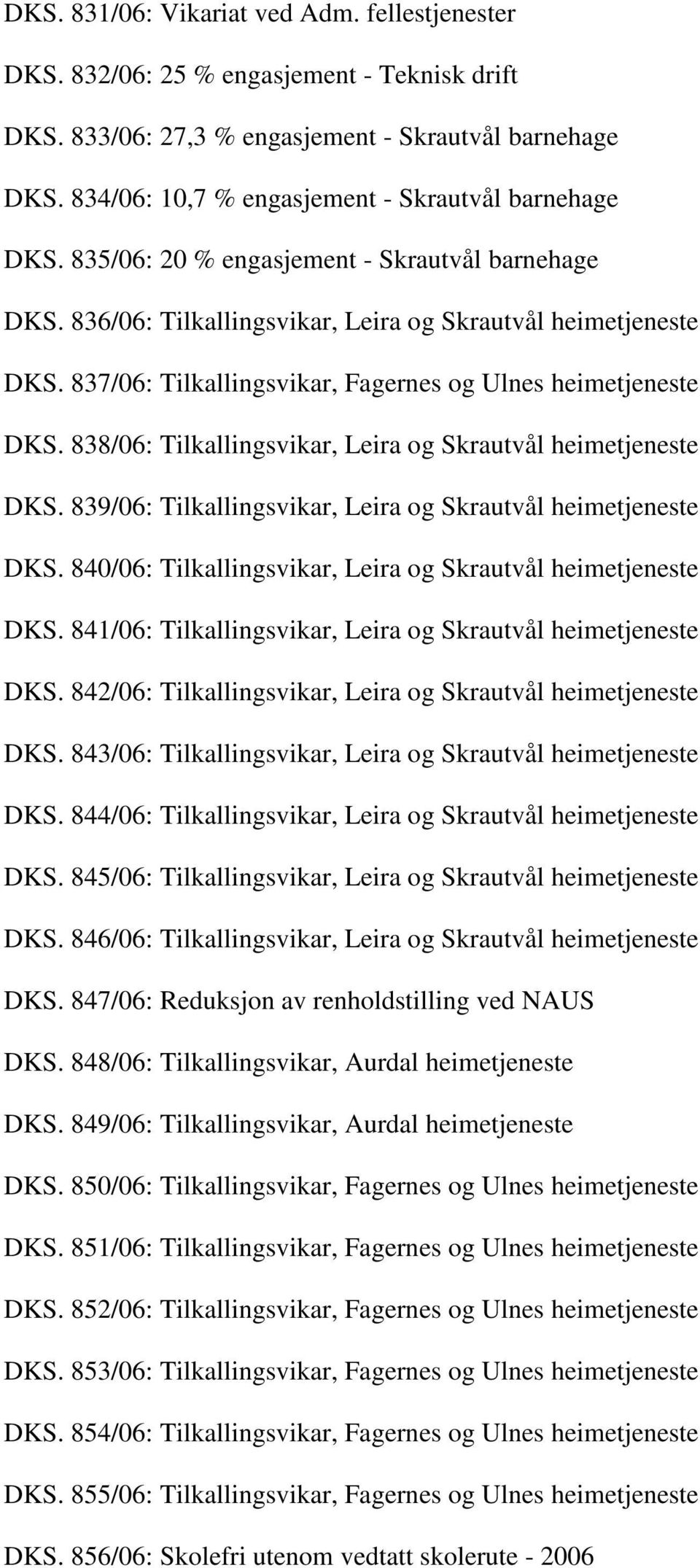 837/06: Tilkallingsvikar, Fagernes og Ulnes heimetjeneste DKS. 838/06: Tilkallingsvikar, Leira og Skrautvål heimetjeneste DKS. 839/06: Tilkallingsvikar, Leira og Skrautvål heimetjeneste DKS.