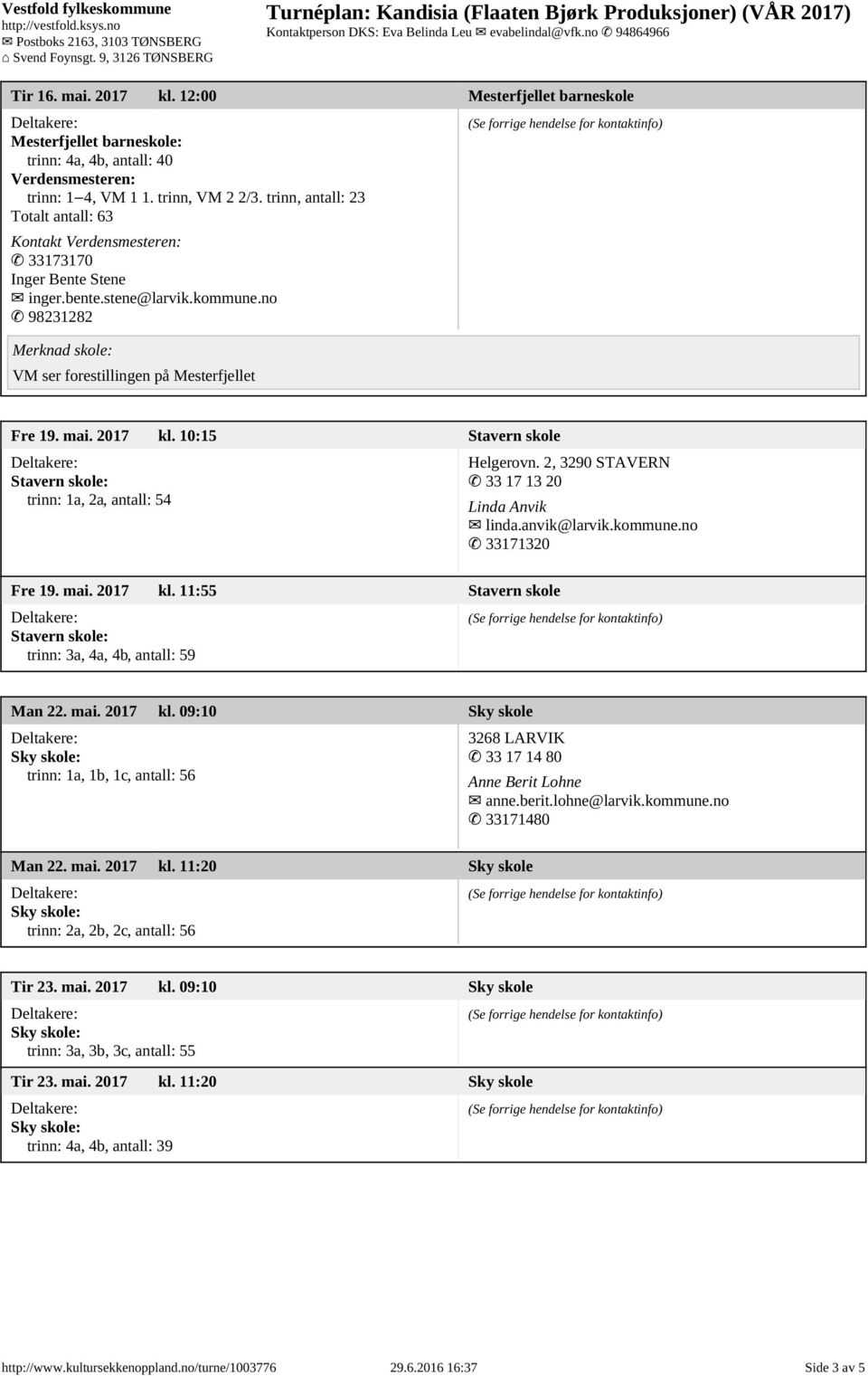 2017 kl. 10:15 Stavern skole Stavern skole: trinn: 1a, 2a, antall: 54 Helgerovn. 2, 3290 STAVERN 33 17 13 20 Linda Anvik linda.anvik@larvik.kommune.no 33171320 Fre 19. mai. 2017 kl.