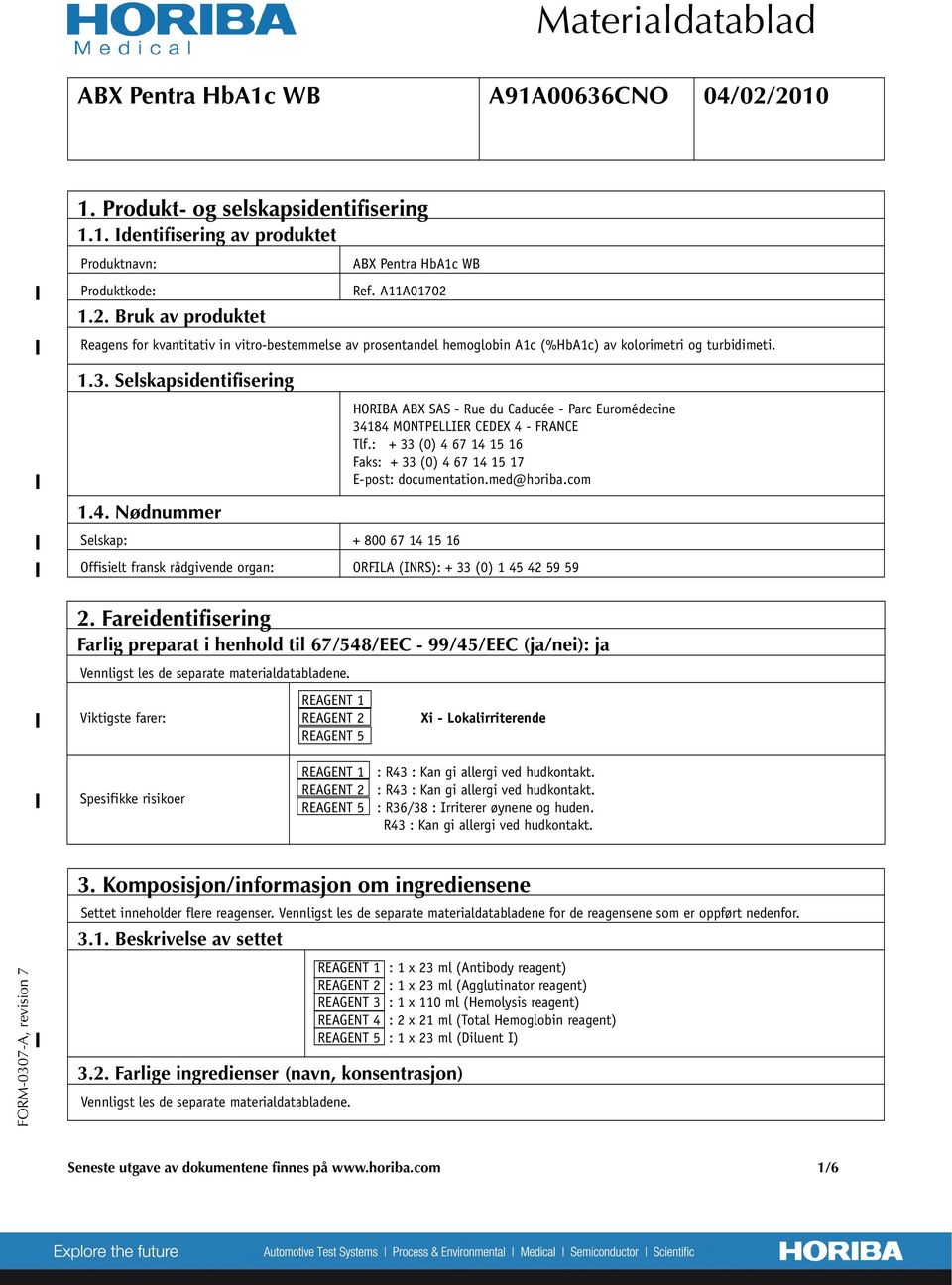 Nødnummer Selskap: + 800 67 14 15 16 HORIBA ABX SAS - Rue du Caducée - Parc Euromédecine 34184 MONTPELLIER CEDEX 4 - FRANCE Tlf.