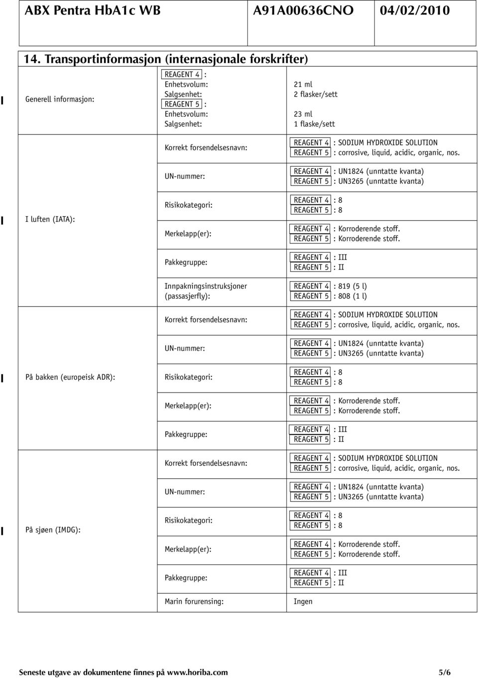 UN-nummer: Risikokategori: Merkelapp(er): Pakkegruppe: Korrekt forsendelsesnavn: UN-nummer: Risikokategori: Merkelapp(er): Pakkegruppe: Marin forurensing: REAGENT 4 : SODIUM HYDROXIDE SOLUTION