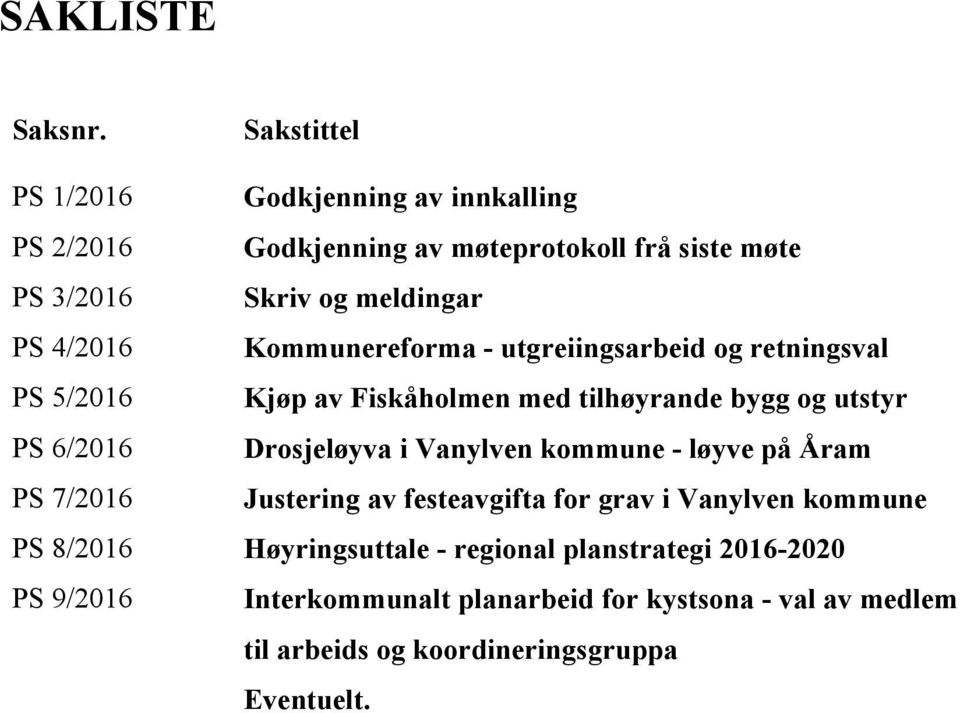 Kommunereforma - utgreiingsarbeid og retningsval PS 5/2016 Kjøp av Fiskåholmen med tilhøyrande bygg og utstyr PS 6/2016 Drosjeløyva i