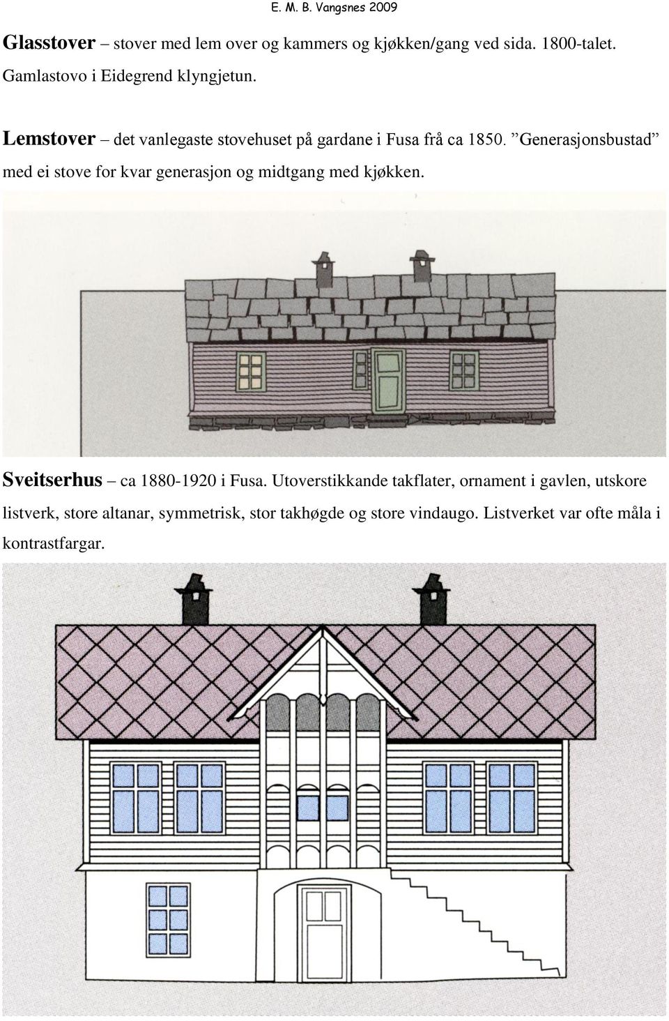 Generasjonsbustad med ei stove for kvar generasjon og midtgang med kjøkken. Sveitserhus ca 1880-1920 i Fusa.
