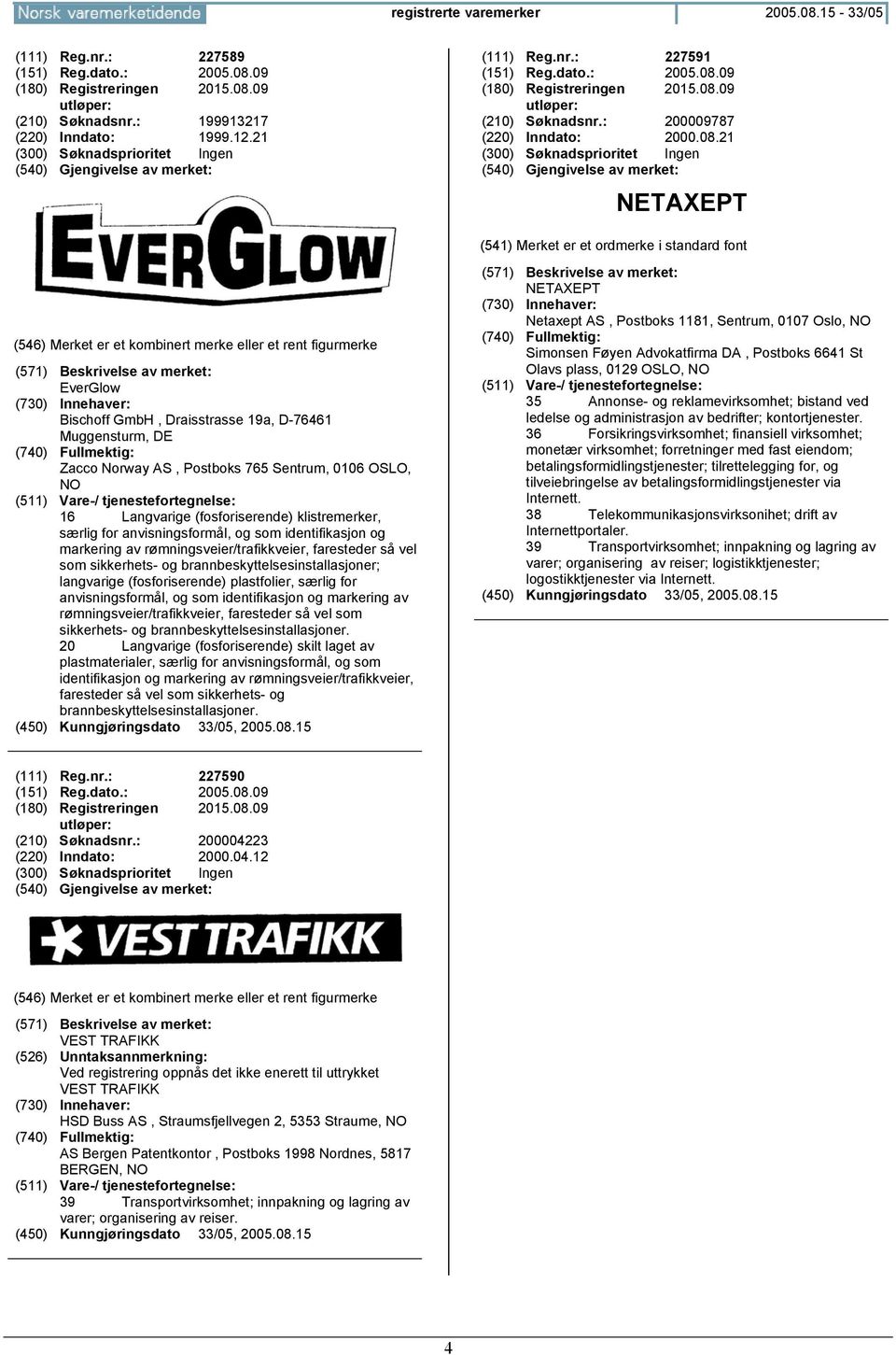 21 NETAXEPT EverGlow Bischoff GmbH, Draisstrasse 19a, D-76461 Muggensturm, DE Zacco Norway AS, Postboks 765 Sentrum, 0106 OSLO, 16 Langvarige (fosforiserende) klistremerker, særlig for
