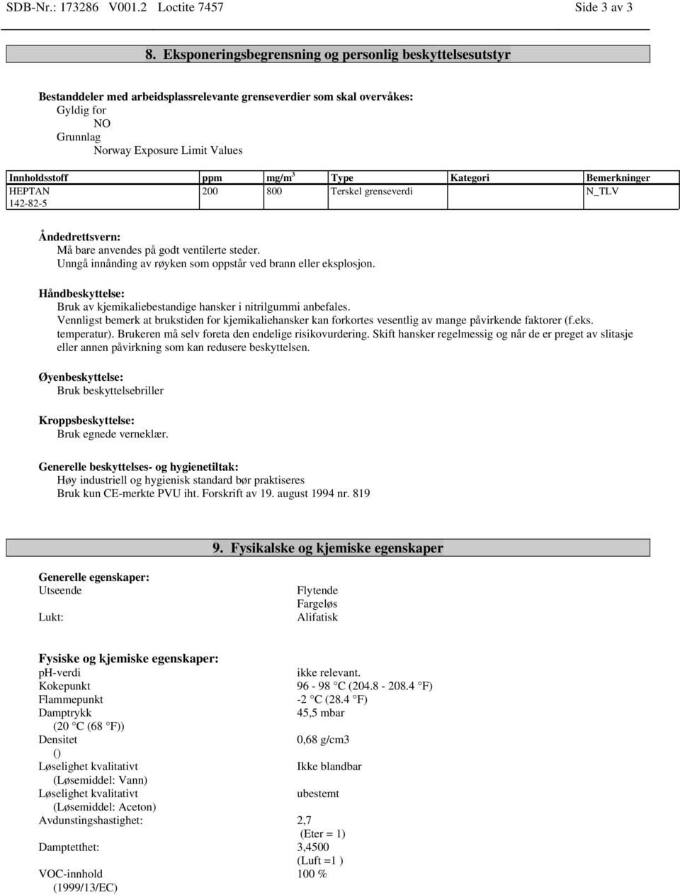 mg/m 3 Type Kategori Bemerkninger HEPTAN 200 800 Terskel grenseverdi N_TLV 142-82-5 Åndedrettsvern: Må bare anvendes på godt ventilerte steder.