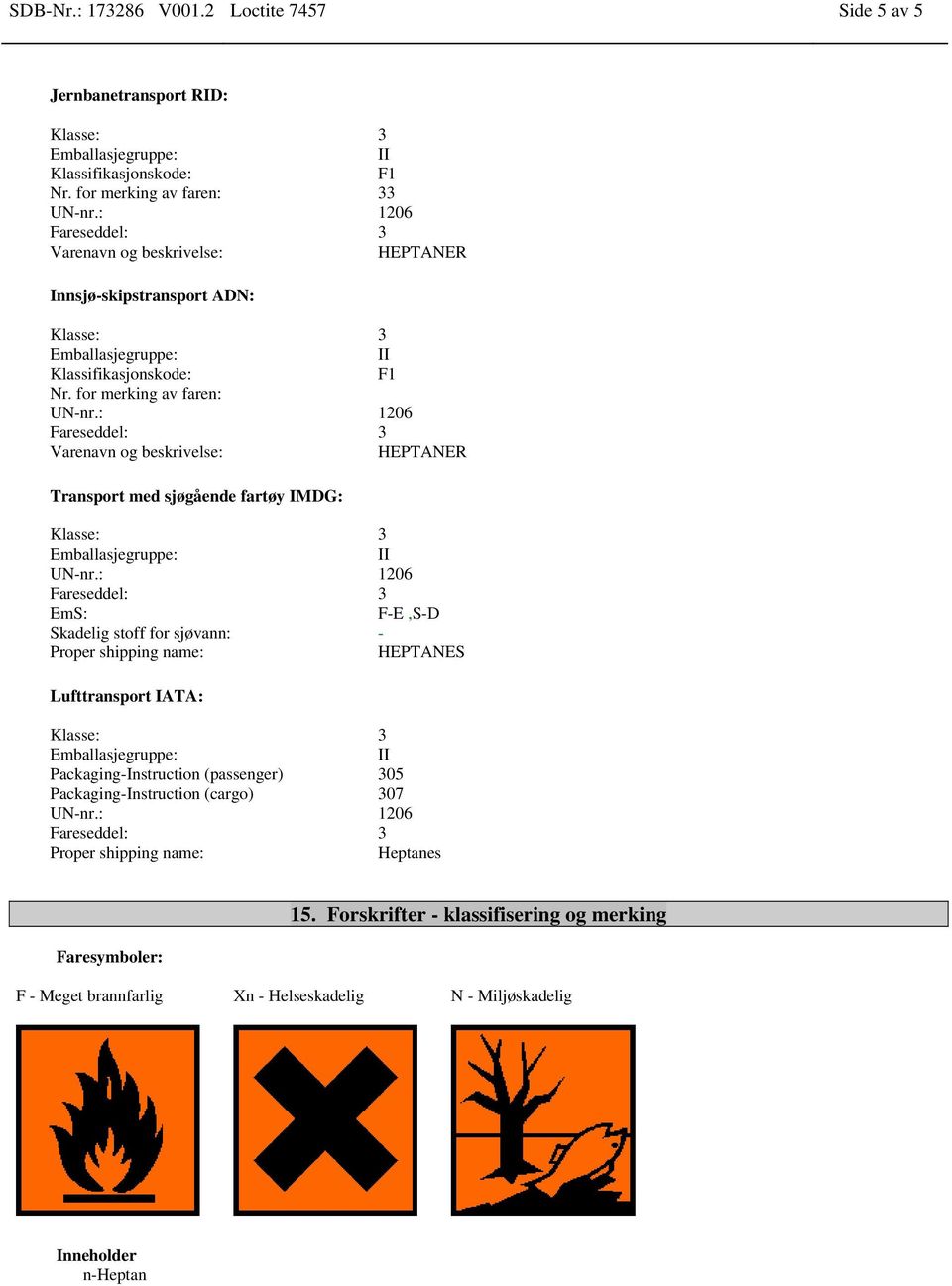 for merking av faren: Varenavn og beskrivelse: HEPTANER Transport med sjøgående fartøy IMDG: EmS: F-E,S-D Skadelig stoff for sjøvann: - Proper shipping name: