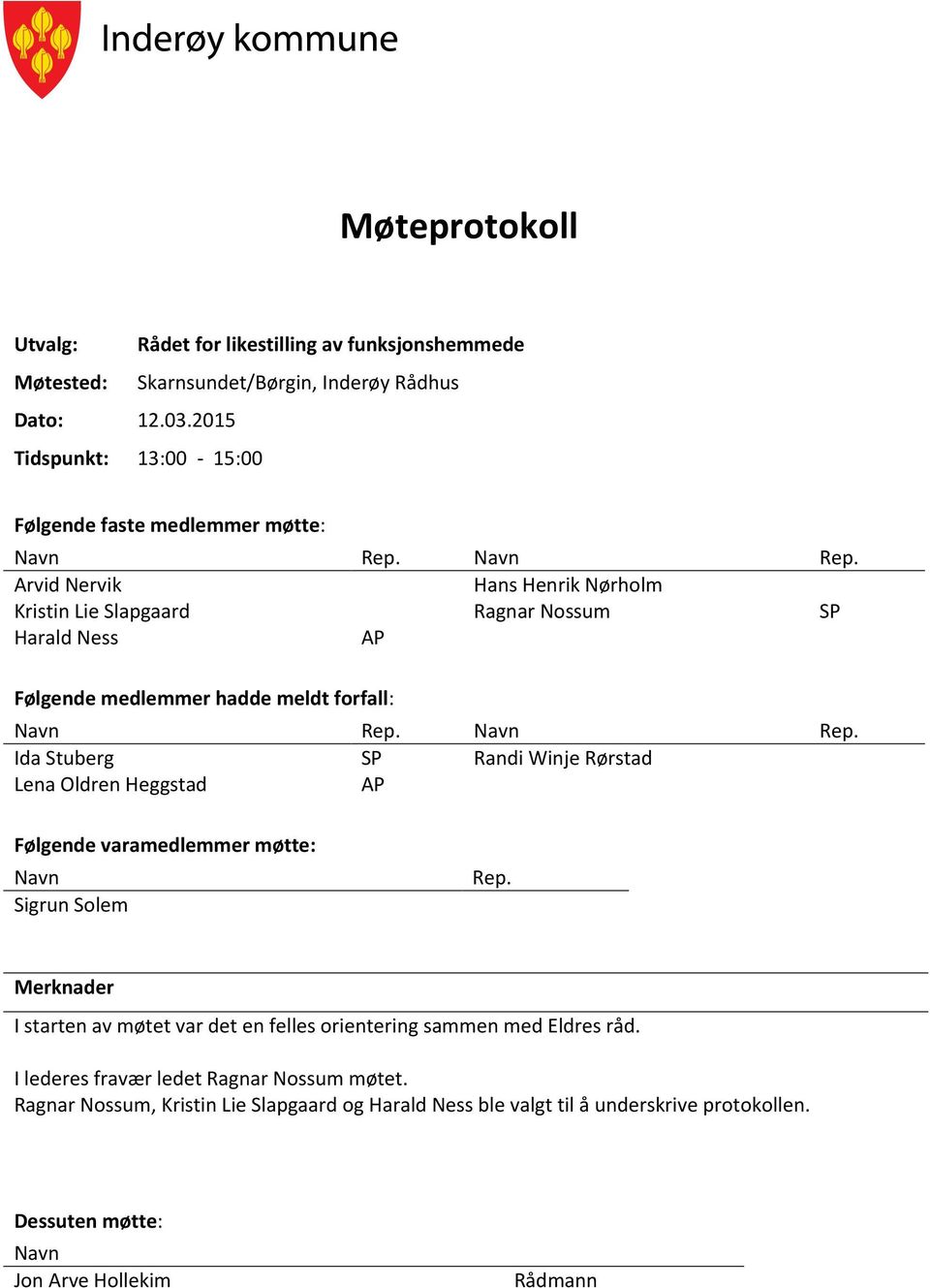 Navn Rep. Arvid Nervik Hans Henrik Nørholm Kristin Lie Slapgaard Ragnar Nossum SP Harald Ness AP Følgende medlemmer hadde meldt forfall: Navn Rep.