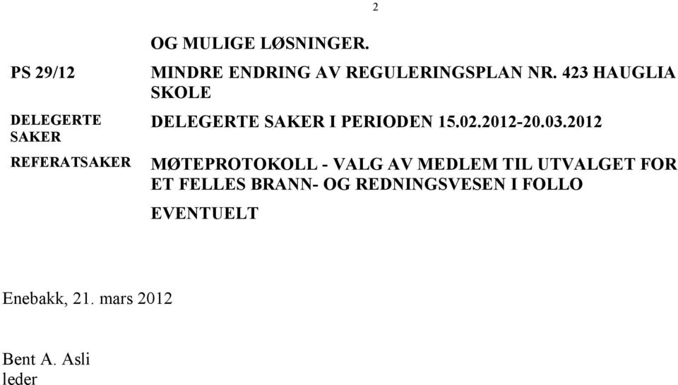 423 HAUGLIA SKOLE DELEGERTE SAKER I PERIODEN 15.02.2012-20.03.