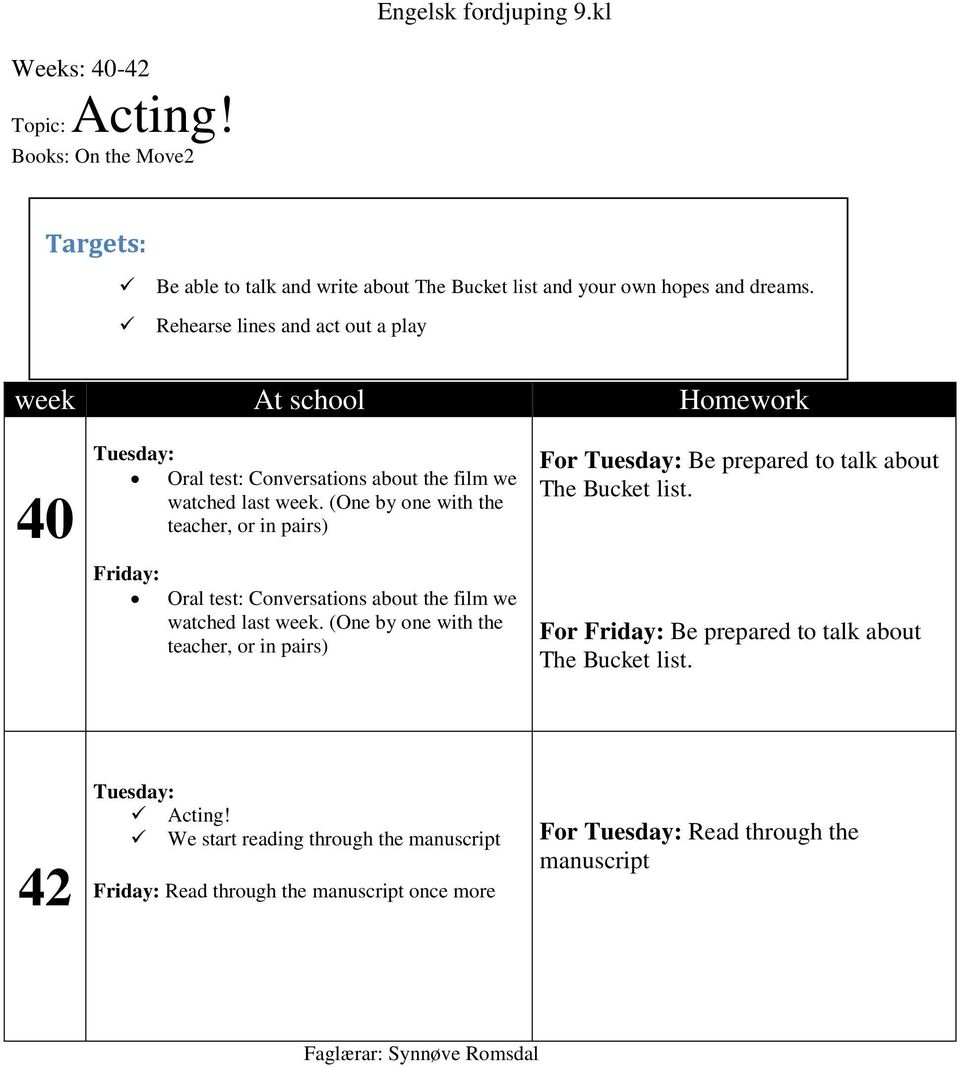 (One by one with the teacher, or in pairs) Friday: Oral test: Conversations about the film we watched last week.