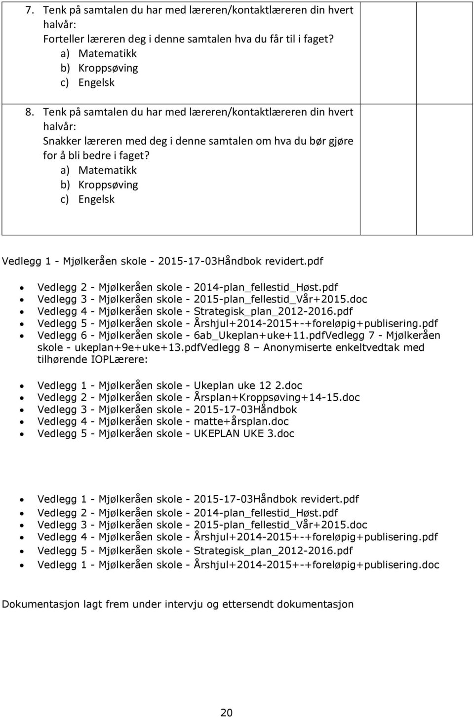 a) Matematikk b) Kroppsøving c) Engelsk Vedlegg 1 - Mjølkeråen skole - 2015-17-03Håndbok revidert.pdf Vedlegg 2 - Mjølkeråen skole - 2014-plan_fellestid_Høst.