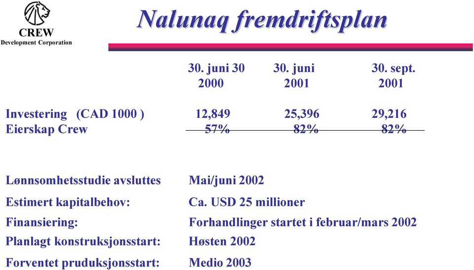 Lønnsomhetsstudie avsluttes Mai/juni 2002 Estimert kapitalbehov: Ca.