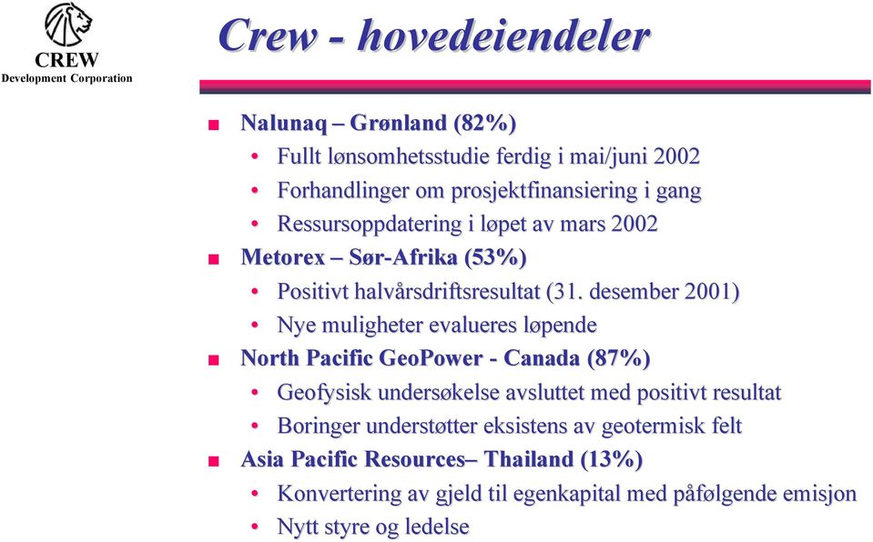 desember 2001) Nye muligheter evalueres løpende North Pacific GeoPower - Canada (87%) Geofysisk undersøkelse avsluttet med positivt