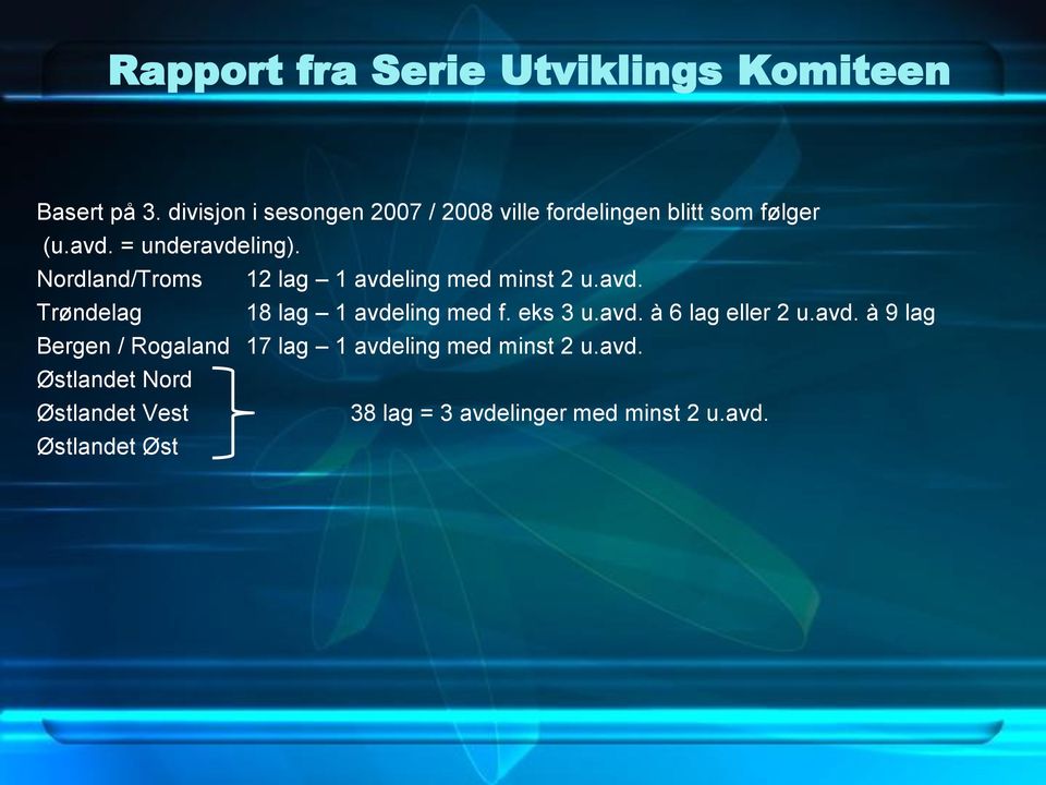 eks 3 u.avd. à 6 lag eller 2 u.avd. à 9 lag Bergen / Rogaland 17 lag 1 avdeling med minst 2 u.