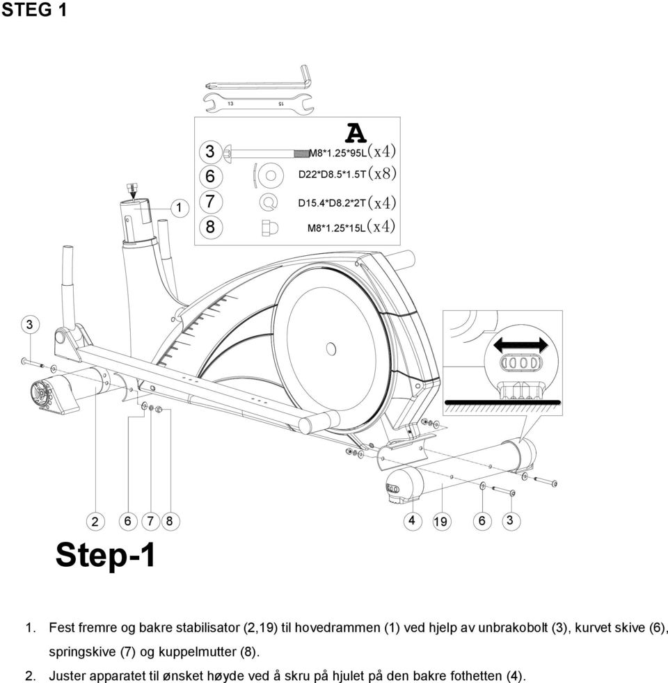 Fest fremre og bakre stabilisator (2,19) til hovedrammen (1) ved hjelp av unbrakobolt