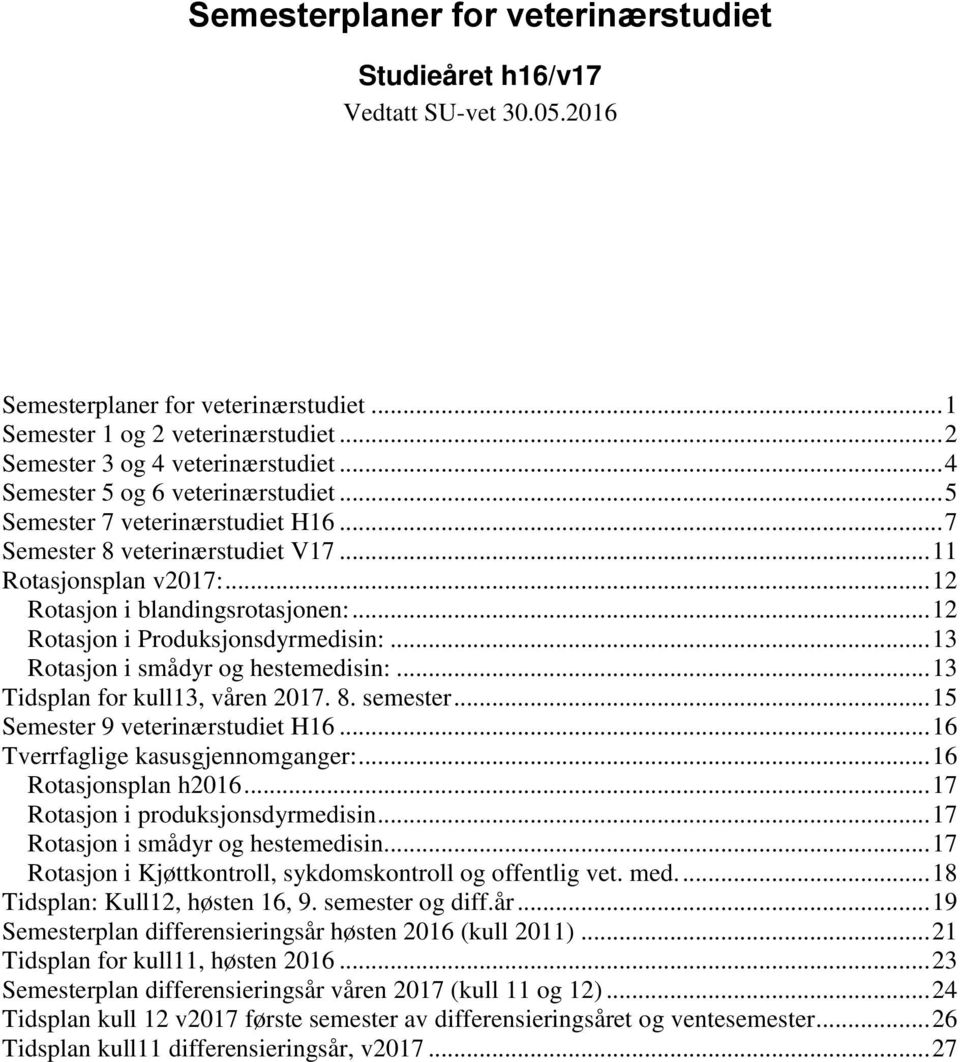 .. 12 Rotasjon i Produksjonsdyrmedisin:... 13 Rotasjon i smådyr og hestemedisin:... 13 Tidsplan for kull13, våren 2017. 8. semester... 15 Semester 9 veterinærstudiet H16.