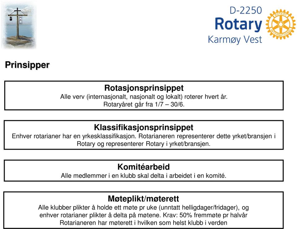 Rotarianeren representerer dette yrket/bransjen i Rotary og representerer Rotary i yrket/bransjen.