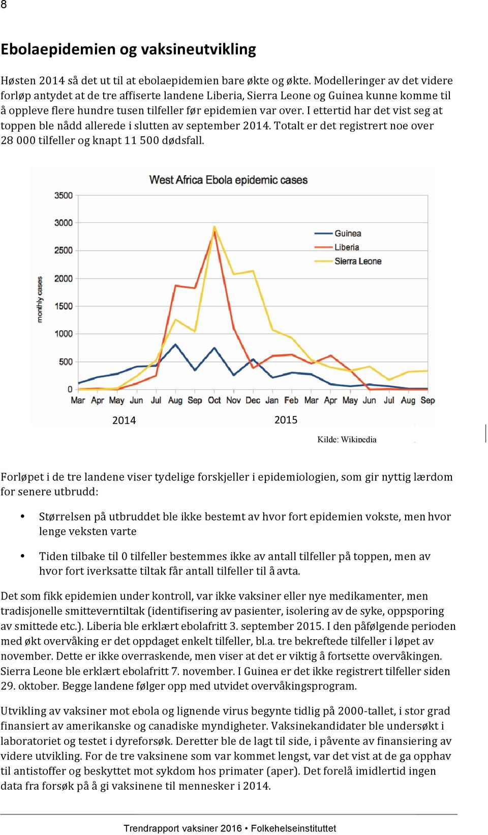 I ettertid har det vist seg at toppen ble nådd allerede i slutten av september 2014. Totalt er det registrert noe over 28 000 tilfeller og knapt 11 500 dødsfall.