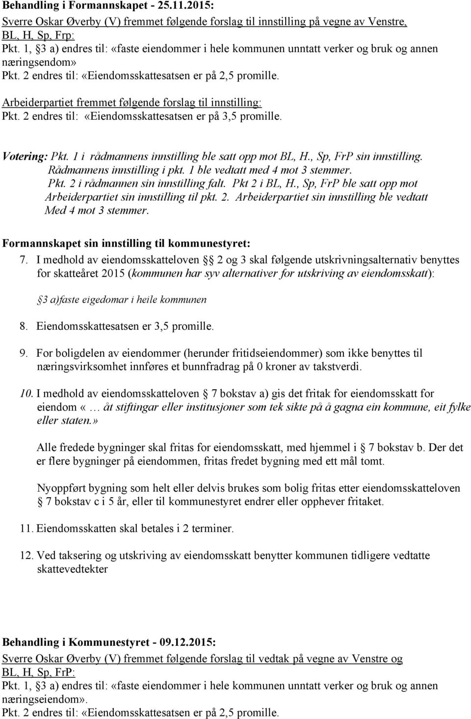 Arbeiderpartiet fremmet følgende forslag til innstilling: Pkt. 2 endres til: «Eiendomsskattesatsen er på 3,5 promille. Votering: Pkt. 1 i rådmannens innstilling ble satt opp mot BL, H.