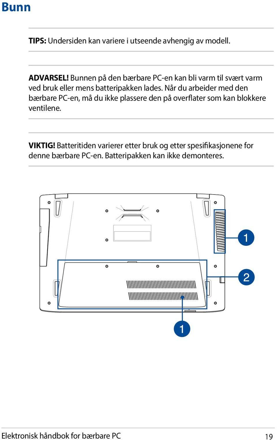 Når du arbeider med den bærbare PC-en, må du ikke plassere den på overflater som kan blokkere ventilene.