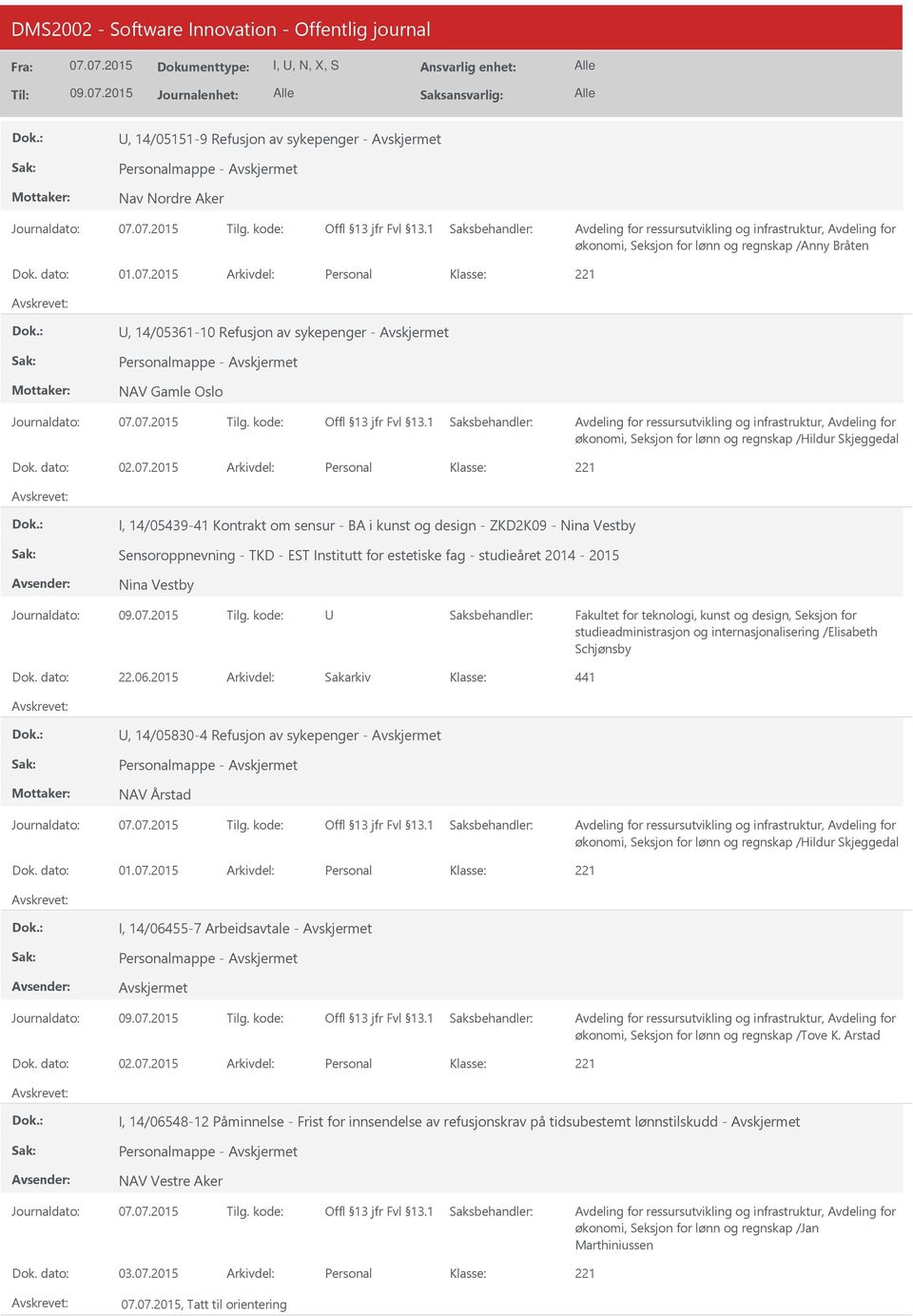 /Elisabeth Schjønsby Dok. dato: 22.06.2015 Arkivdel: Sakarkiv 441, 14/05830-4 Refusjon av sykepenger - NAV Årstad I, 14/06455-7 Arbeidsavtale - økonomi, Seksjon for lønn og regnskap /Tove K.