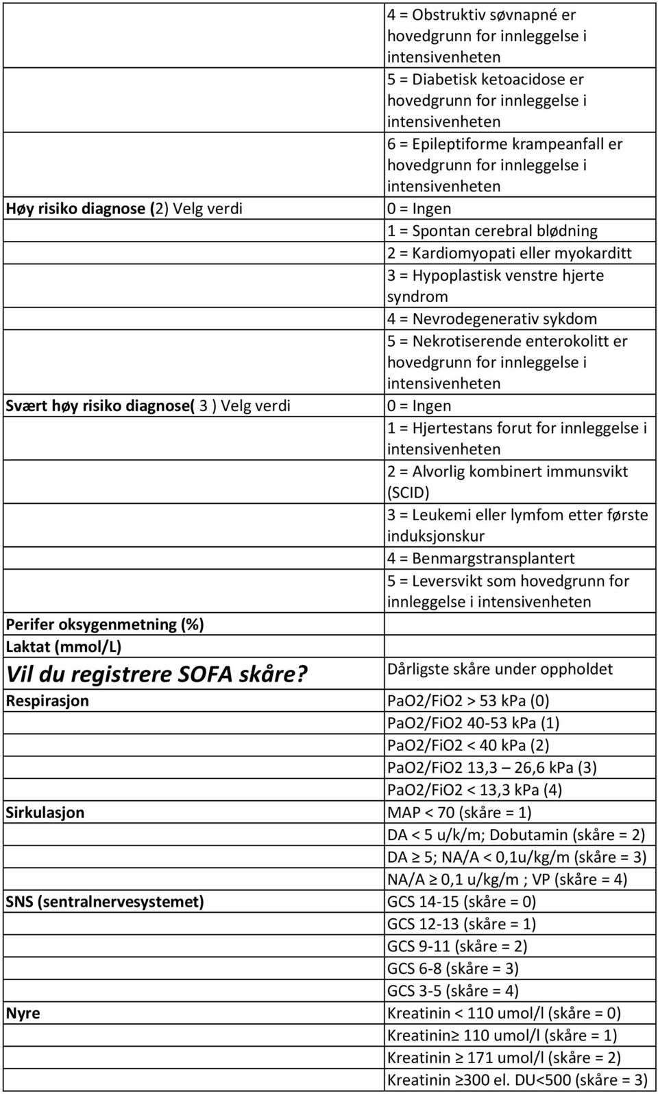 Nevrodegenerativ sykdom 5 = Nekrotiserende enterokolitt er 1 = Hjertestans forut for innleggelse i 2 = Alvorlig kombinert immunsvikt (SCID) 3 = Leukemi eller lymfom etter første induksjonskur 4 =