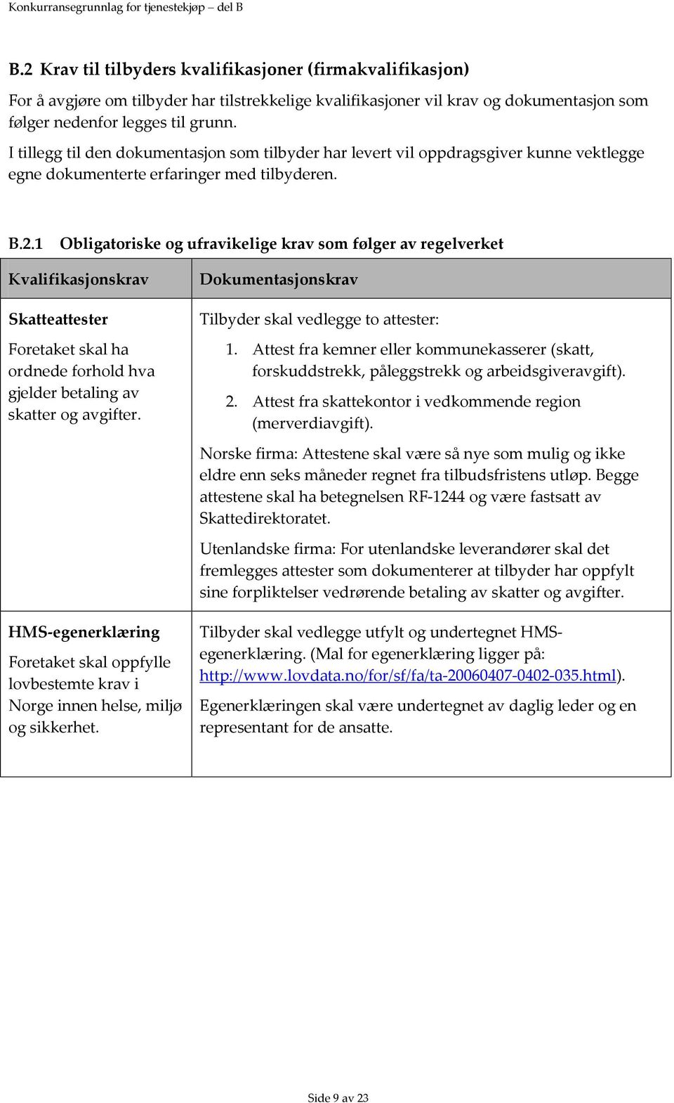 I tillegg til den dokumentasjon som tilbyder har levert vil oppdragsgiver kunne vektlegge egne dokumenterte erfaringer med tilbyderen. B.2.