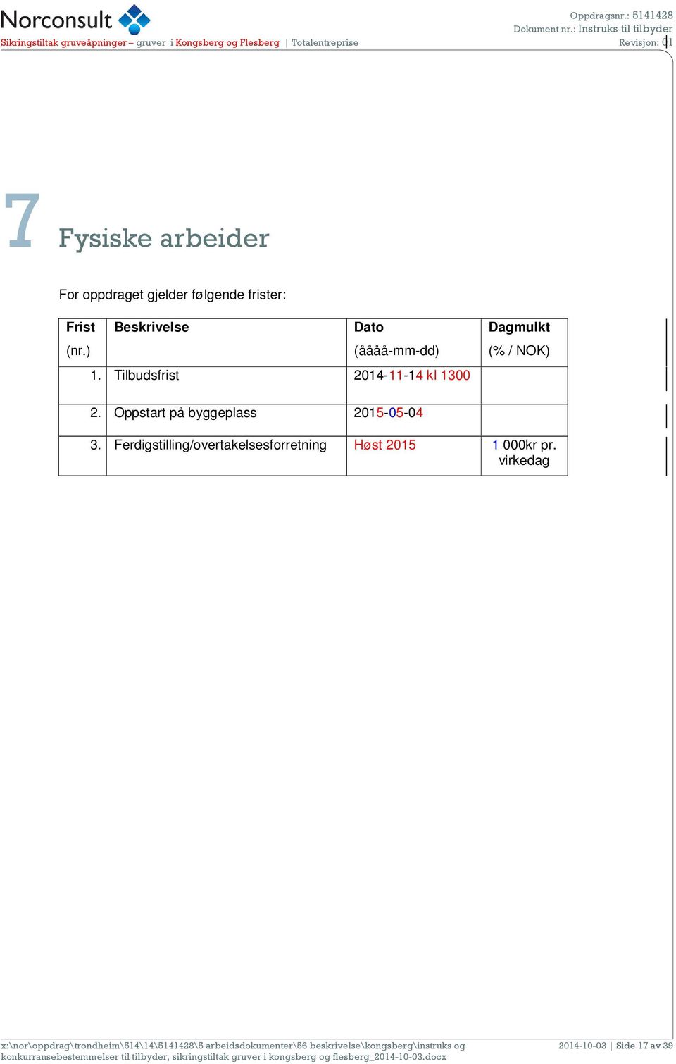 Tilbudsfrist 2014-11-14 kl 1300 Dagmulkt (% / NOK) 2.