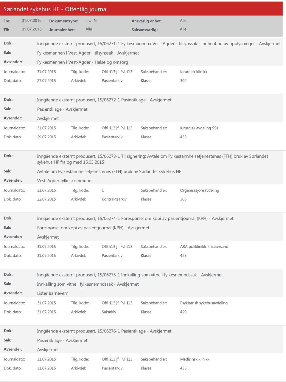 2015 Arkivdel: Pasientarkiv 302 Inngående eksternt produsert, 15/06272-1 Pasientklage - Pasientklage - Kirurgisk avdeling SSK Dok. dato: 29.07.