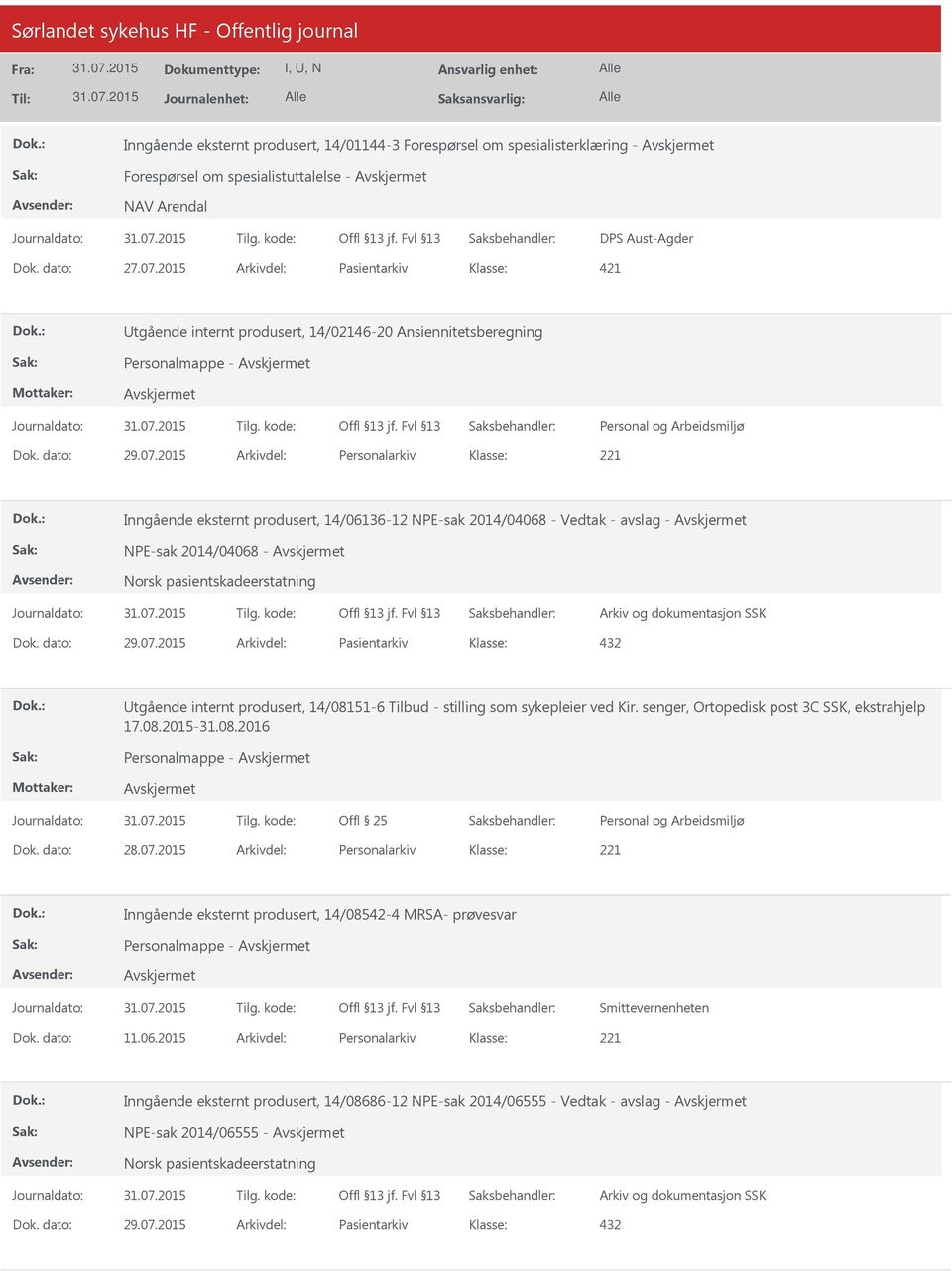 2015 Arkivdel: Personalarkiv Inngående eksternt produsert, 14/06136-12 NPE-sak 2014/04068 - Vedtak - avslag - NPE-sak 2014/04068 - Norsk pasientskadeerstatning Dok. dato: 29.07.