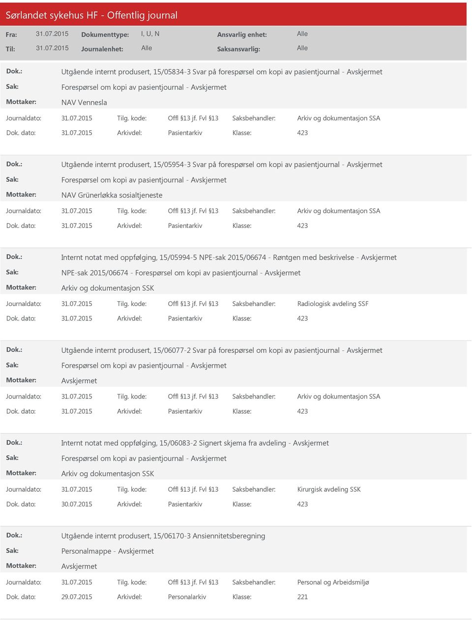 dato: Arkivdel: Pasientarkiv Internt notat med oppfølging, 15/05994-5 NPE-sak 2015/06674 - Røntgen med beskrivelse - NPE-sak 2015/06674 - Forespørsel om kopi av pasientjournal - Radiologisk avdeling