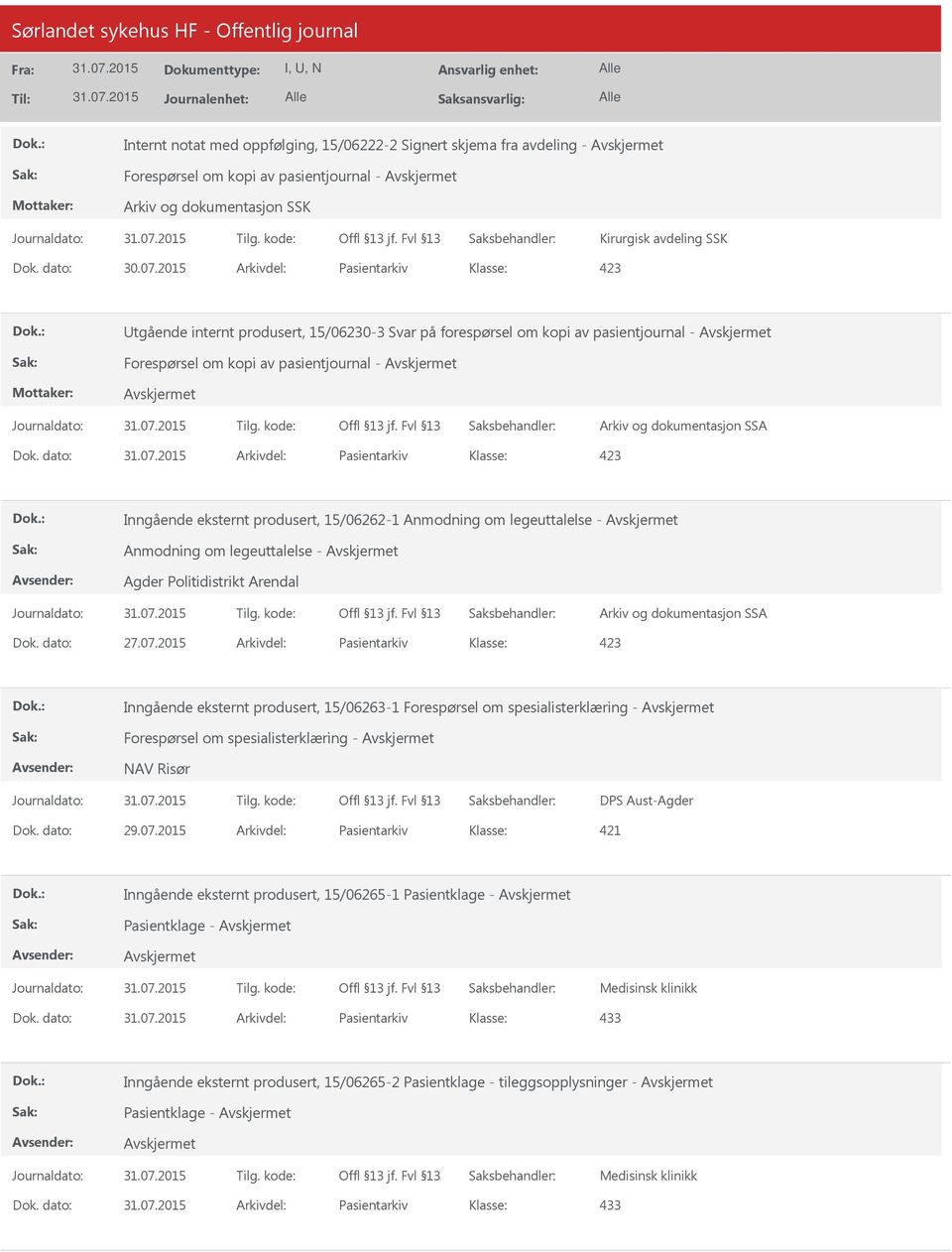 dato: Arkivdel: Pasientarkiv Inngående eksternt produsert, 15/06262-1 Anmodning om legeuttalelse - Anmodning om legeuttalelse - Agder Politidistrikt Arendal Dok. dato: 27.07.