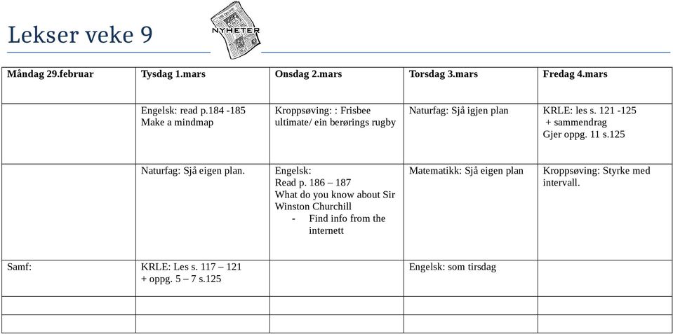 121-125 + sammendrag Gjer oppg. 11 s.125 Naturfag: Sjå eigen plan. Engelsk: Read p.