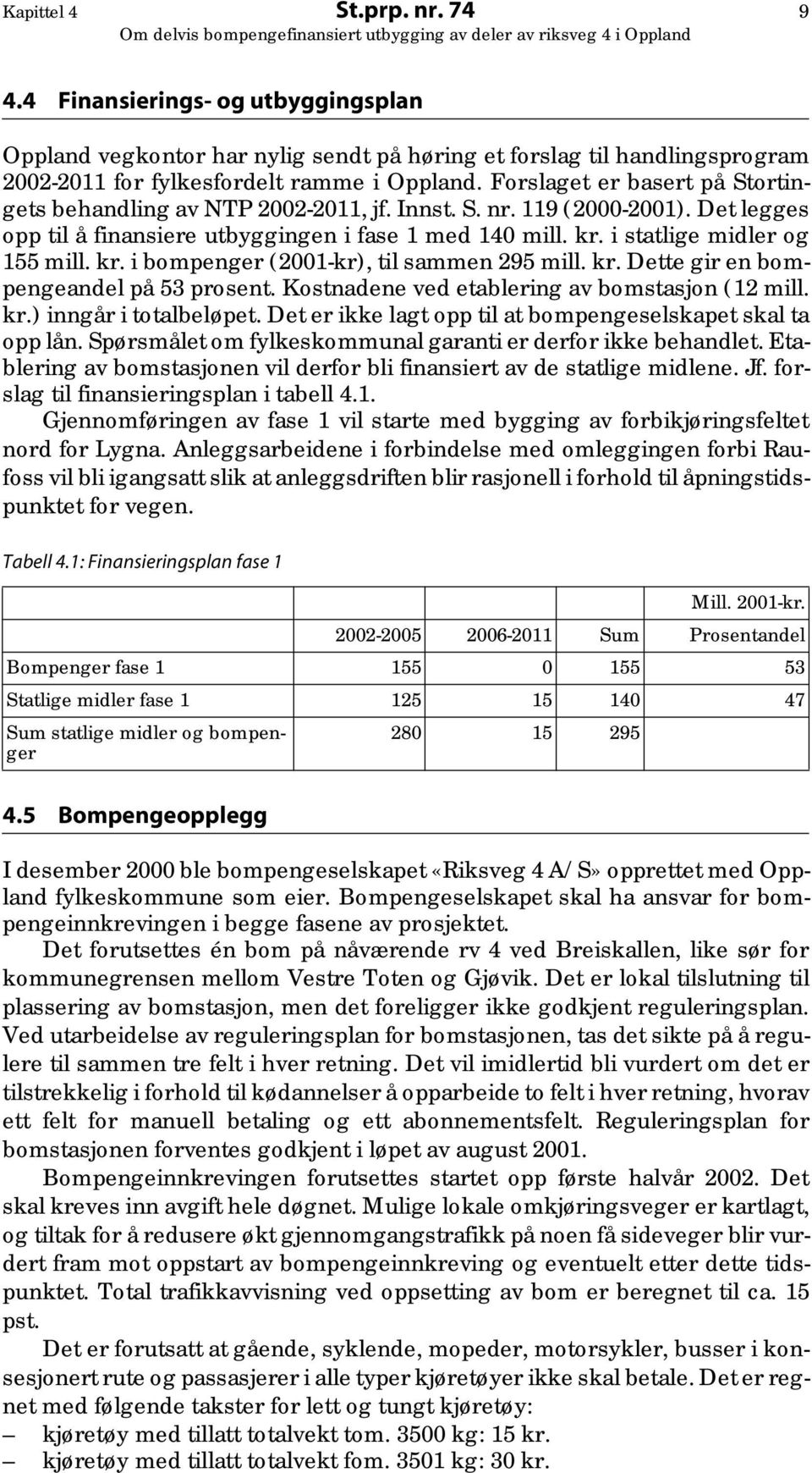 kr. i bompenger (2001-kr), til sammen 295 mill. kr. Dette gir en bompengeandel på 53 prosent. Kostnadene ved etablering av bomstasjon (12 mill. kr.) inngår i totalbeløpet.