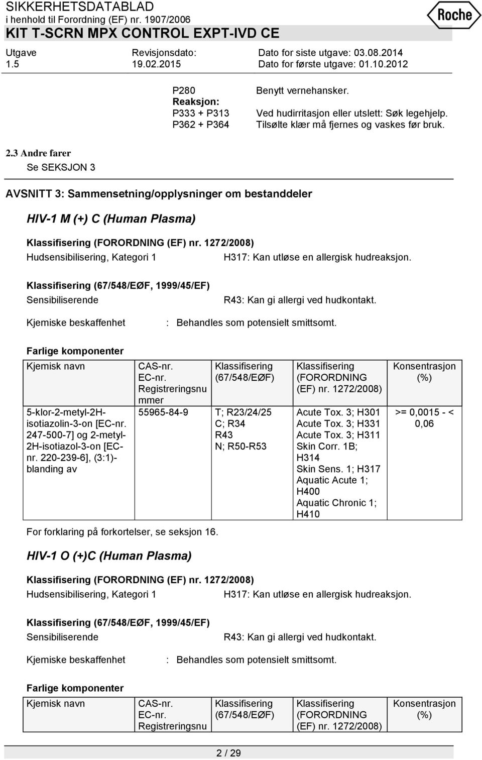 1272/2008) Hudsensibilisering, Kategori 1 H317: Kan utløse en allergisk hudreaksjon. Klassifisering (67/548/EØF, 1999/45/EF) Sensibiliserende R43: Kan gi allergi ved hudkontakt.