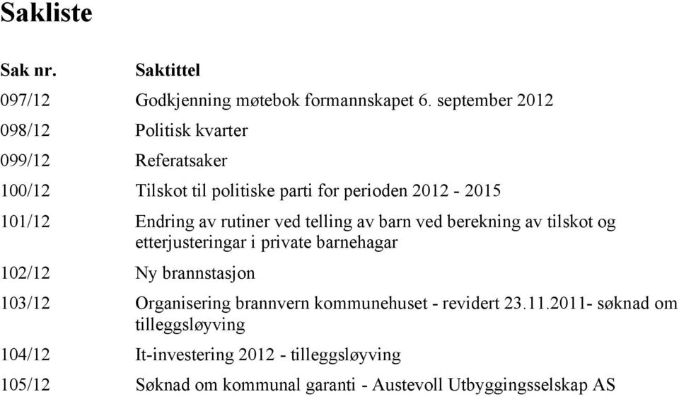 av rutiner ved telling av barn ved berekning av tilskot og etterjusteringar i private barnehagar 102/12 Ny brannstasjon 103/12