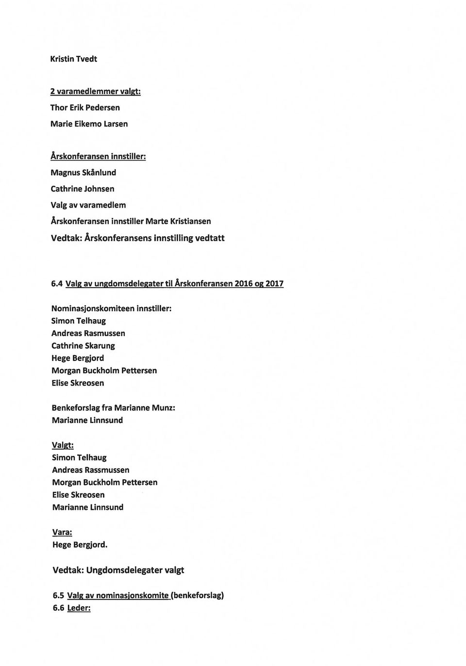 4 Valg av ungdomsdelegater til Årskonferansen 2016 og 2017 Nominasjonskomiteen innstiller: Simon Telhaug Andreas Rasmussen Cathrine Skarung Hege Bergjord Morgan Buckholm