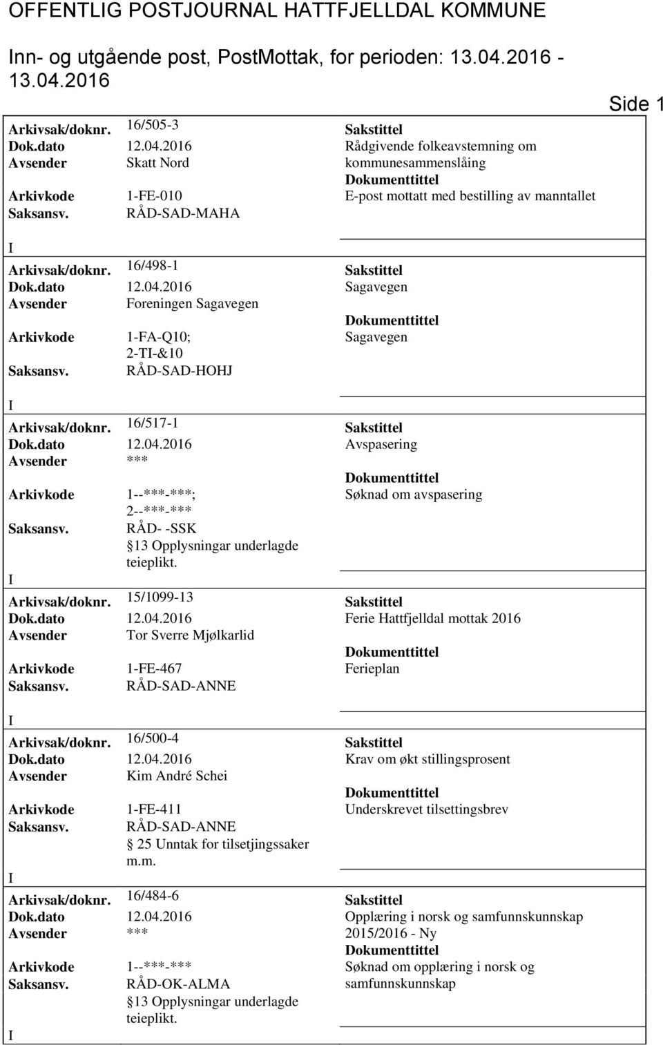 16/498-1 Sakstittel Dok.dato 12.04.2016 Sagavegen Avsender Foreningen Sagavegen Arkivkode 1-FA-Q10; Sagavegen 2-T-&10 Arkivsak/doknr. 16/517-1 Sakstittel Dok.dato 12.04.2016 Avspasering Arkivkode 1--***-***; Søknad om avspasering 2--***-*** Saksansv.