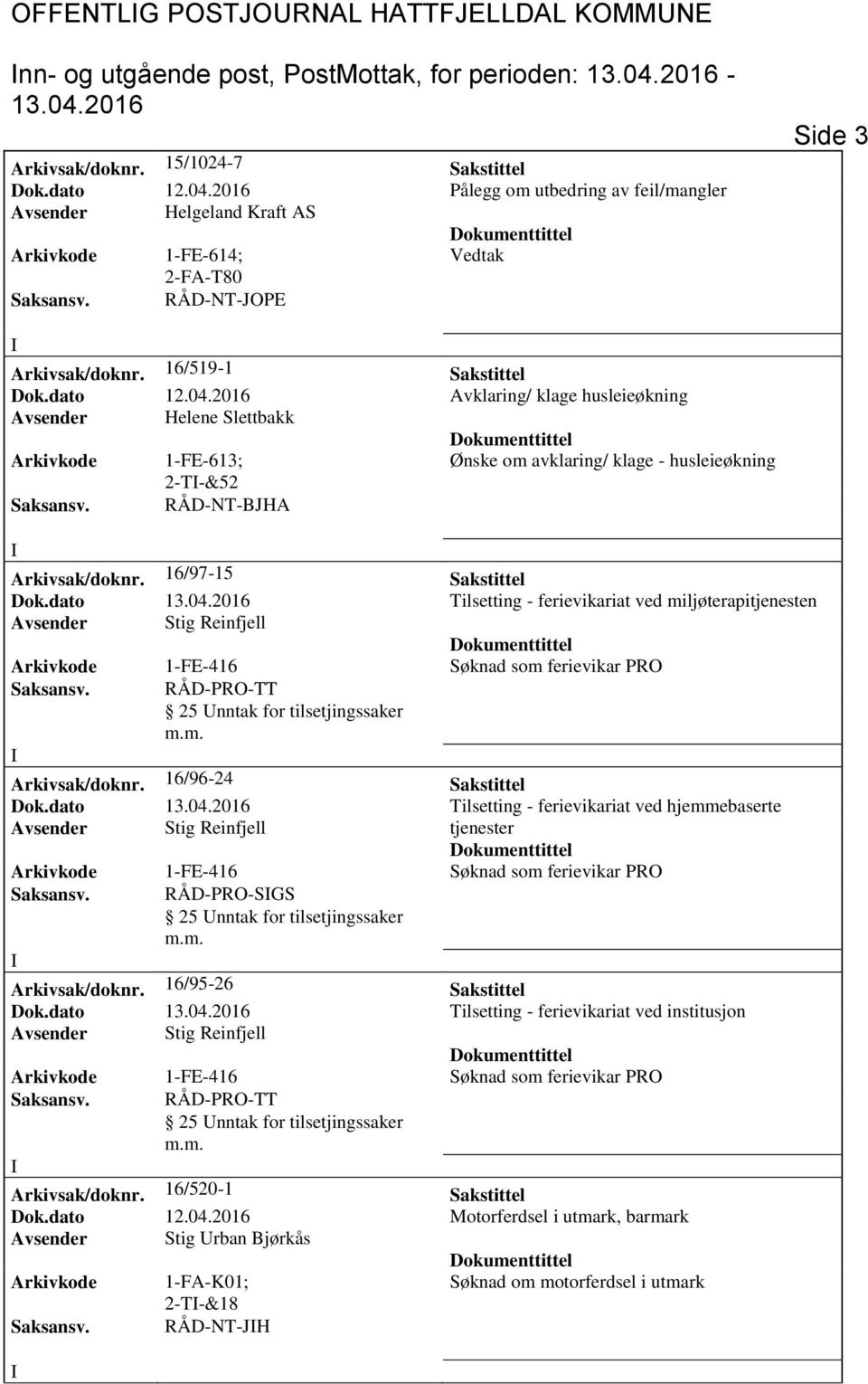 2016 Avklaring/ klage husleieøkning Avsender Helene Slettbakk Arkivkode 1-FE-613; Ønske om avklaring/ klage - husleieøkning 2-T-&52 Saksansv. RÅD-NT-BJHA Arkivsak/doknr. 16/97-15 Sakstittel Dok.