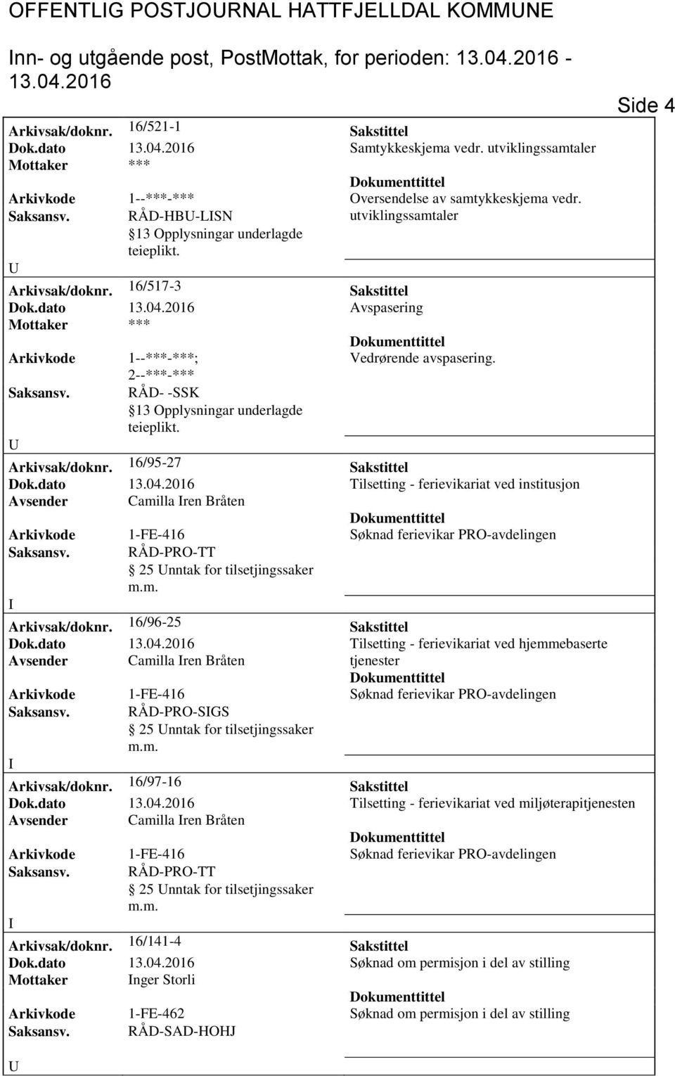 dato Avspasering Arkivkode 1--***-***; Vedrørende avspasering. 2--***-*** Saksansv. RÅD- -SSK Arkivsak/doknr. 16/95-27 Sakstittel Dok.