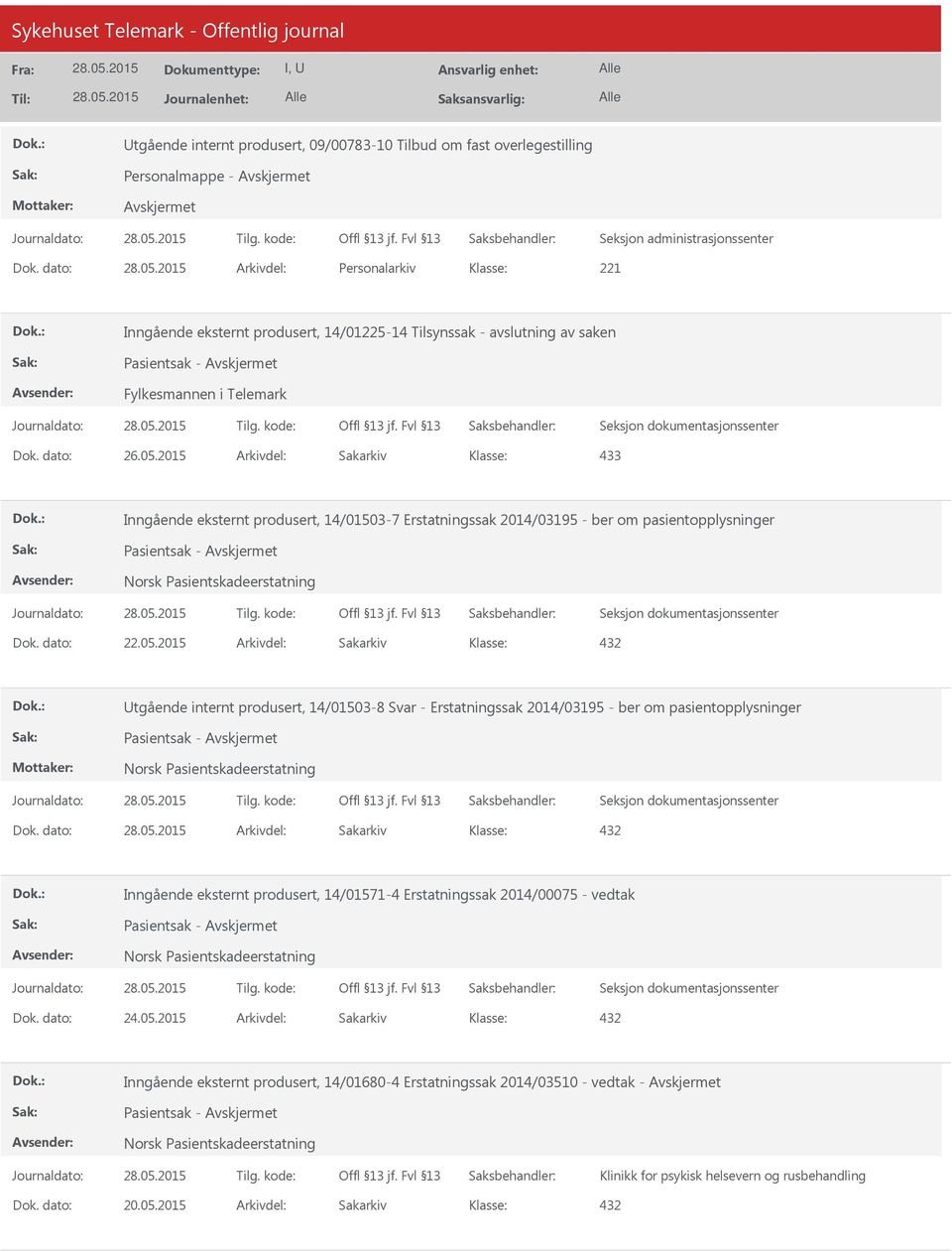 Erstatningssak 2014/03195 - ber om pasientopplysninger Pasientsak - Dok. dato: 22.05.