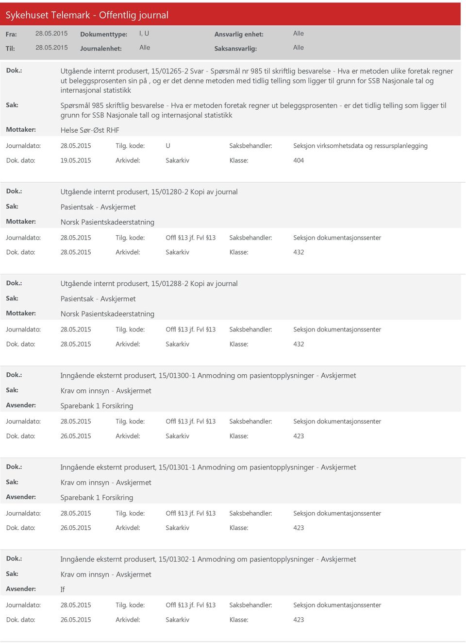 for SSB Nasjonale tall og internasjonal statistikk Helse Sør-Øst RHF U Seksjon virksomhetsdata og ressursplanlegging Dok. dato: 19.05.