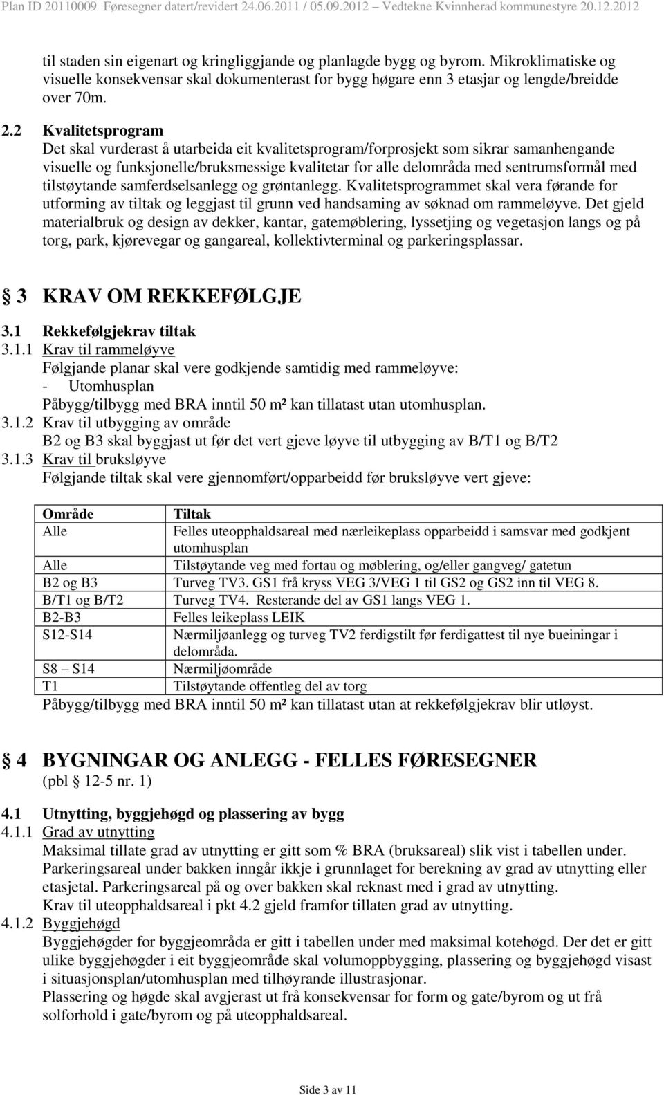 tilstøytande samferdselsanlegg og grøntanlegg. Kvalitetsprogrammet skal vera førande for utforming av tiltak og leggjast til grunn ved handsaming av søknad om rammeløyve.