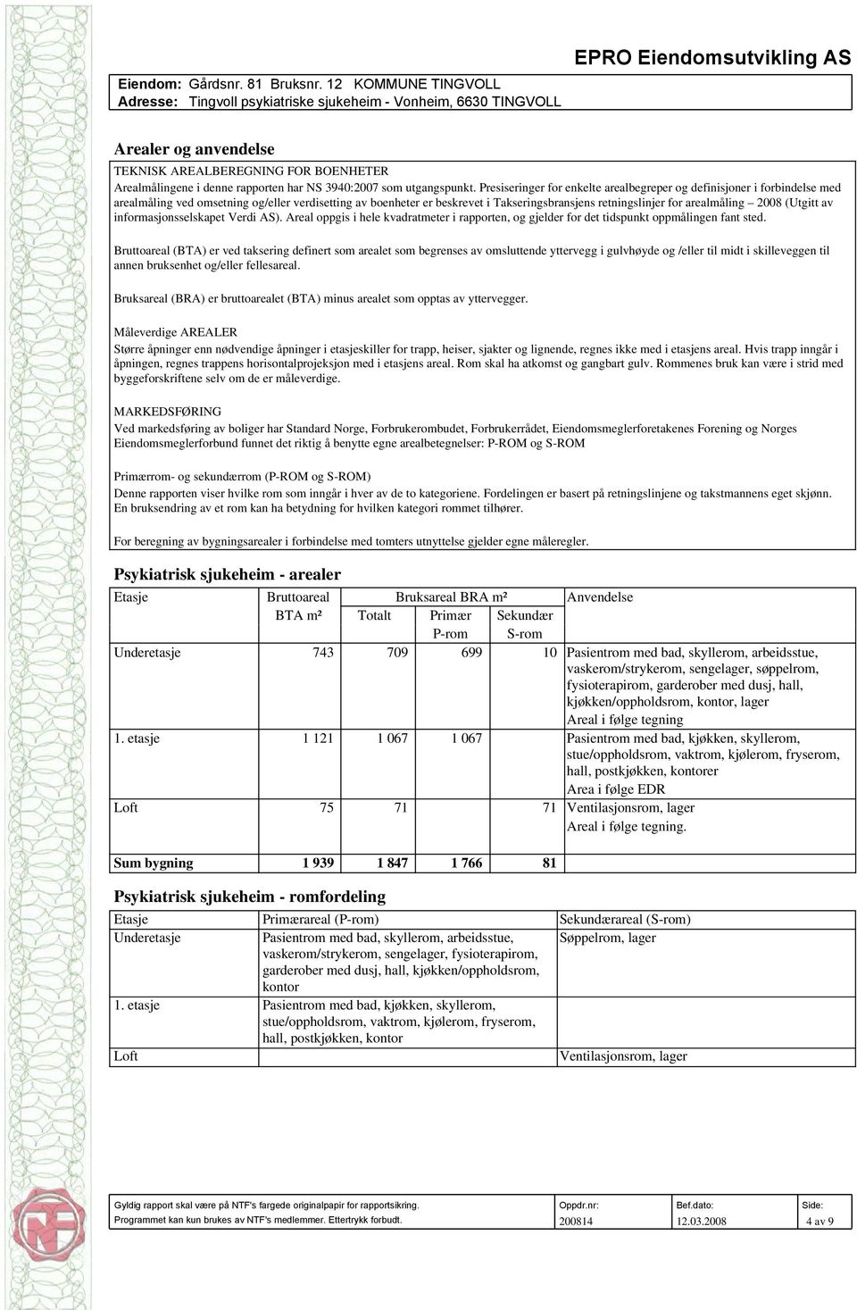 arealmåling 2008 (Utgitt av informasjonsselskapet Verdi AS). Areal oppgis i hele kvadratmeter i rapporten, og gjelder for det tidspunkt oppmålingen fant sted.