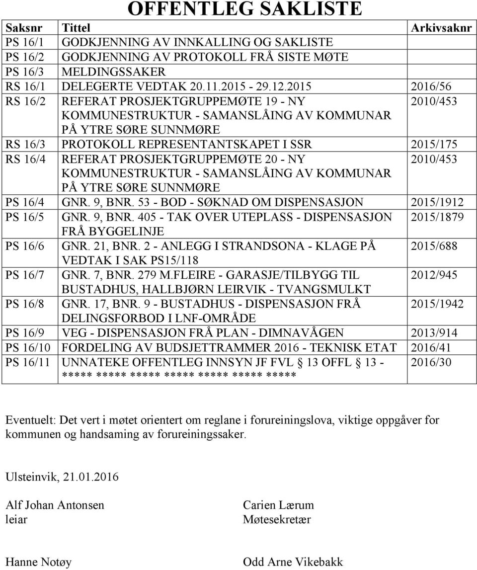 PROSJEKTGRUPPEMØTE 20 - NY 2010/453 KOMMUNESTRUKTUR - SAMANSLÅING AV KOMMUNAR PÅ YTRE SØRE SUNNMØRE PS 16/4 GNR. 9, BNR. 53 - BOD - SØKNAD OM DISPENSASJON 2015/1912 PS 16/5 GNR. 9, BNR. 405 - TAK OVER UTEPLASS - DISPENSASJON 2015/1879 FRÅ BYGGELINJE PS 16/6 GNR.