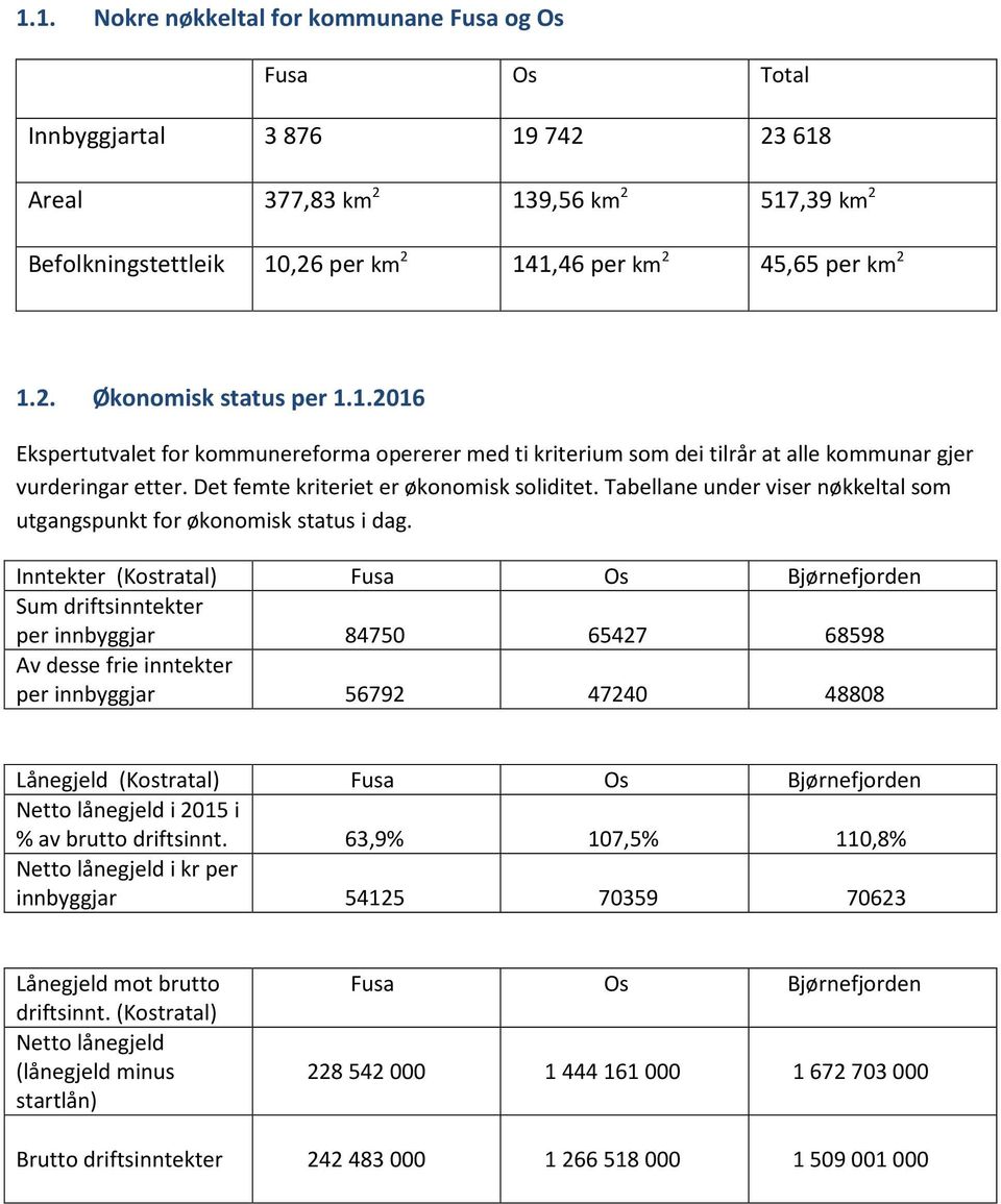 Tabellane under viser nøkkeltal som utgangspunkt for økonomisk status i dag.