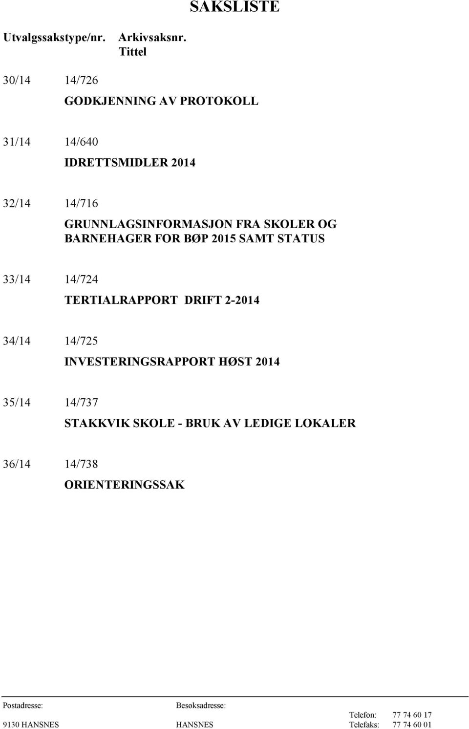 GRUNNLAGSINFORMASJON FRA SKOLER OG BARNEHAGER FOR BØP 2015 SAMT STATUS 33/14 14/724